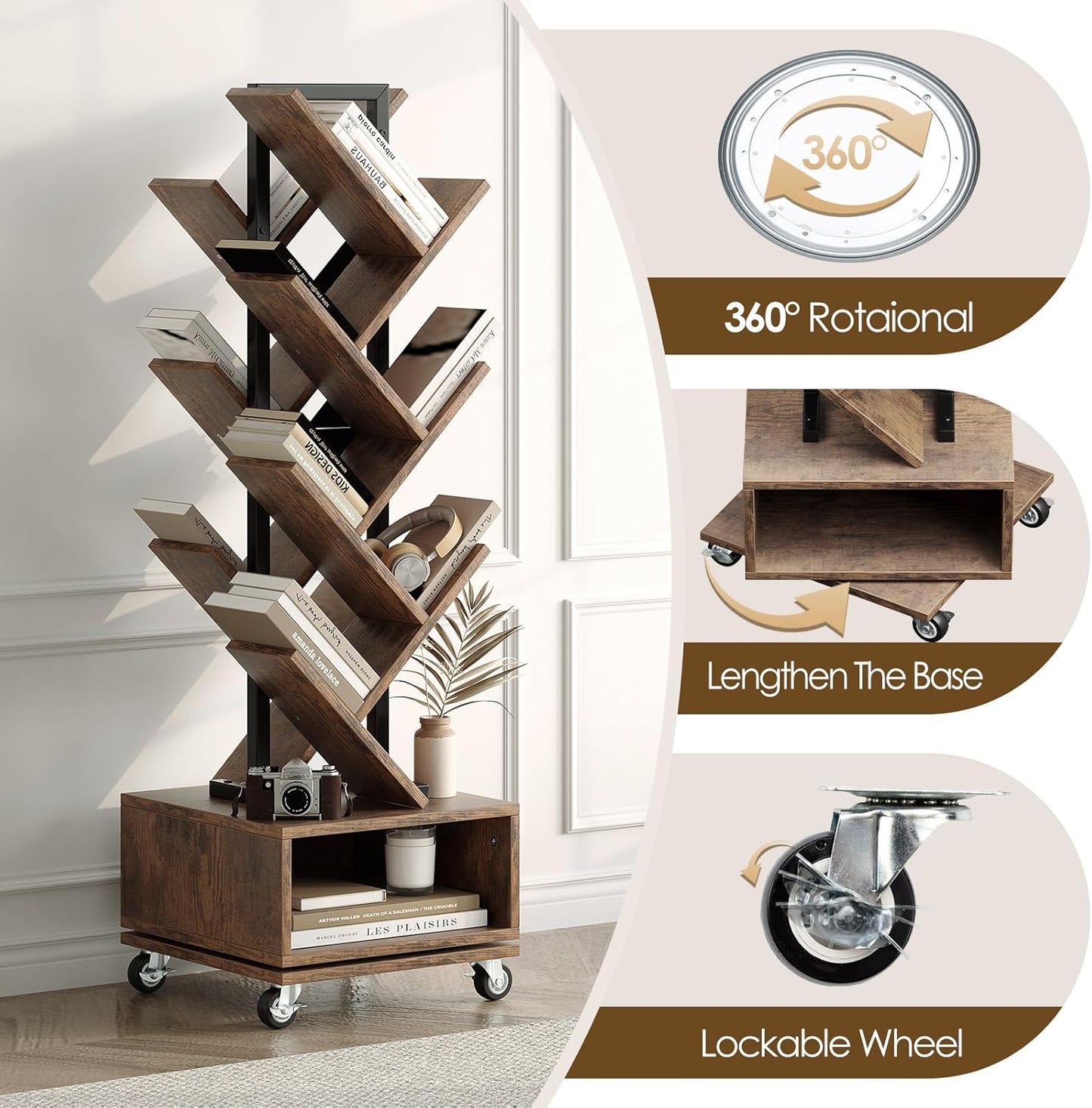49" Rotating Tree Bookshelf, 7 Tier Double Sided Shelf, Wood Corner Bookshelf with Wheels, 360 Display Spinning Bookcase Storage Rack, Ideal for Small Rooms, Easy Assembly, Rustic Brown