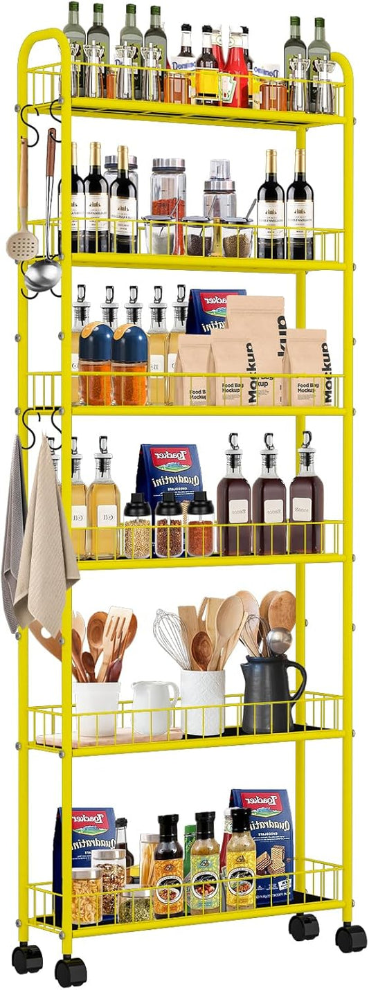 6-Tier Slim Storage Cart with Wheels,6in Narrow Rolling Shelf,Sturdy Slim Storage Ideal for Kitchen, Bathroom, and Laundry Room, Yellow