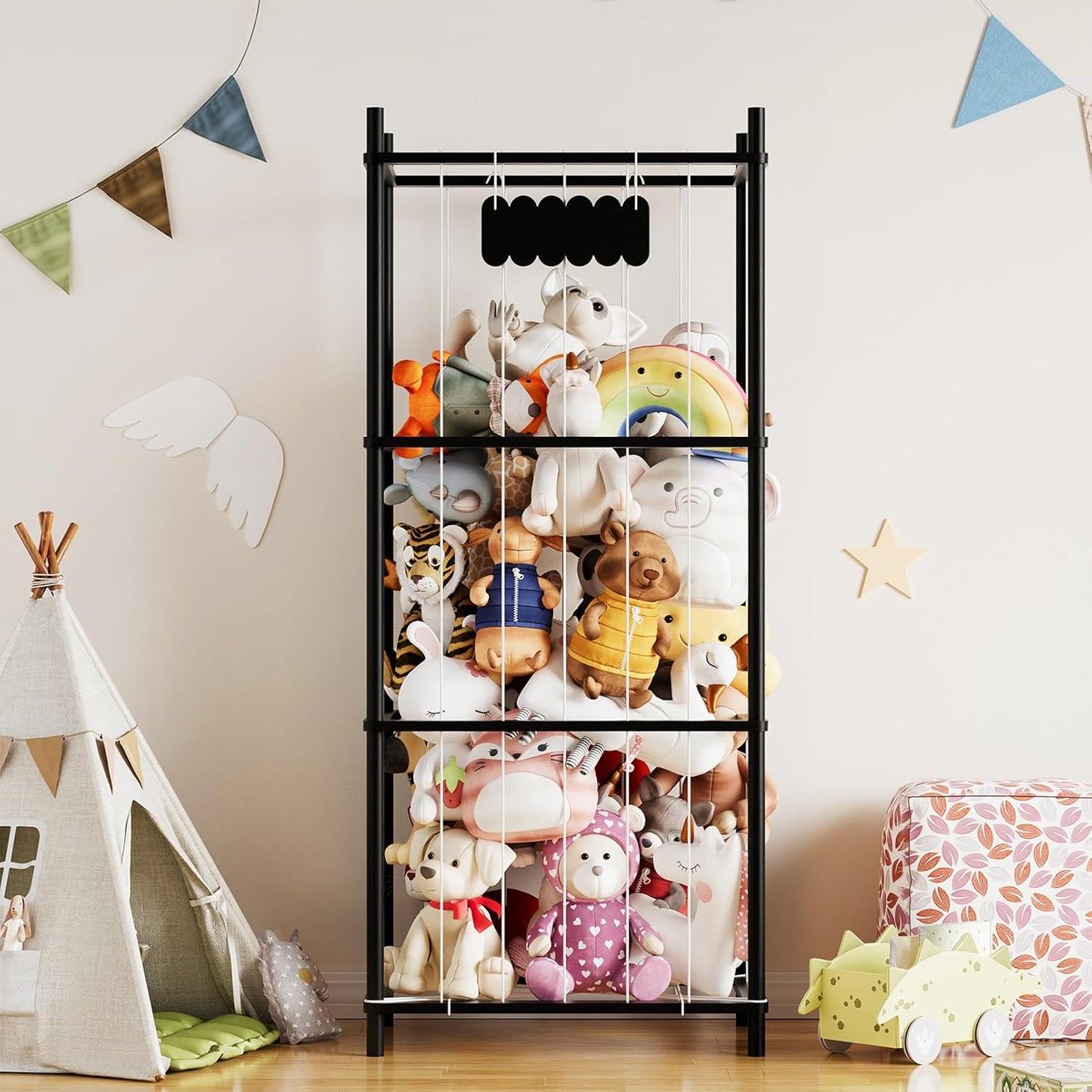 SpaceAid Stuffed Animal Storage Organizer, Wood Animals Zoo Toy Plushies Storage Holder, Large Capacity Plush Toy Cage for Playroom Organization, 22.8" Wide, Black