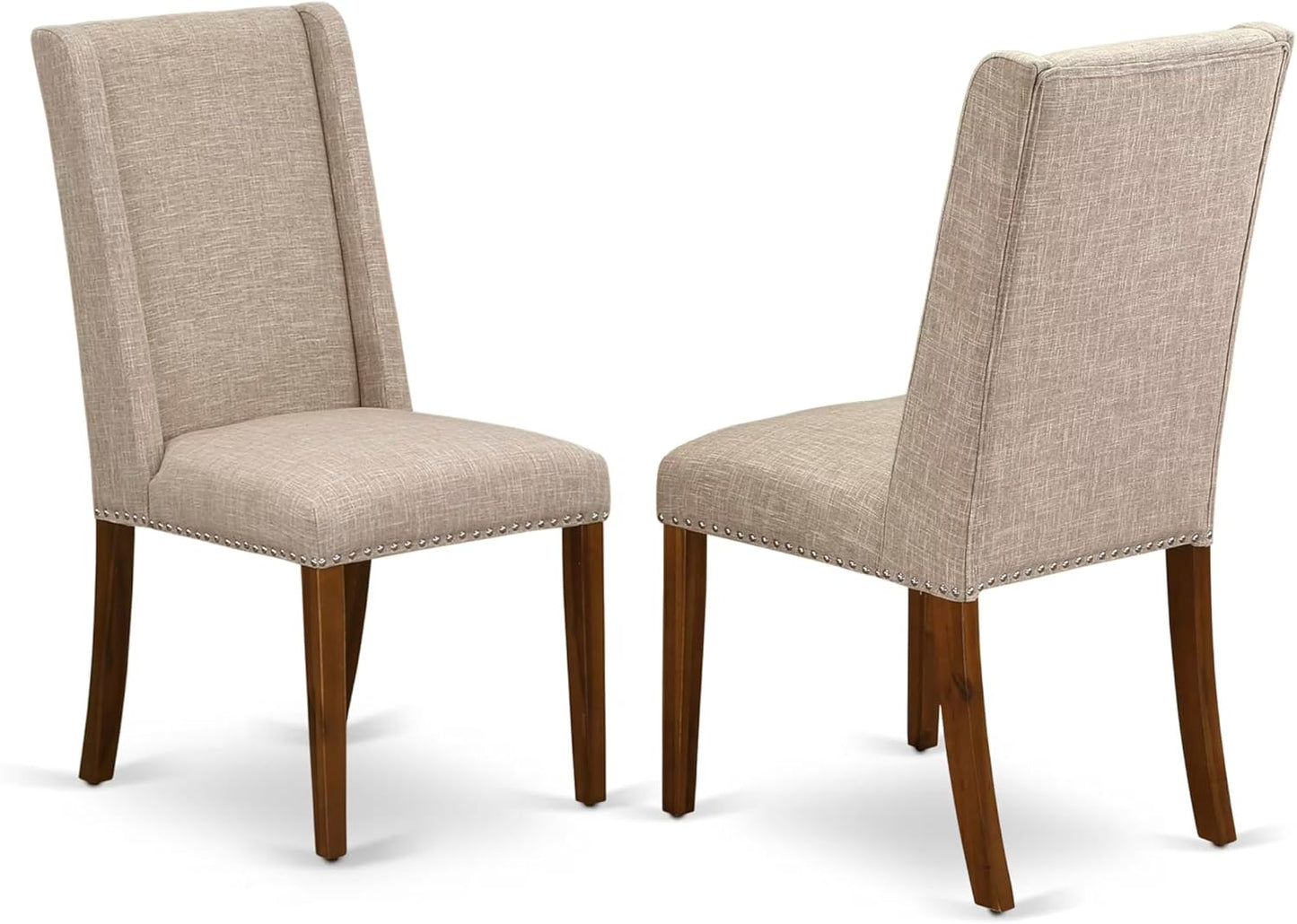 NKFL9-AWA-04-9-Piece Kitchen Table Set Includes a Kitchen Table and 8 Light Tan Linen Fabric Dining Chairs with Padded Chair Back - Antique Walnut Finish.