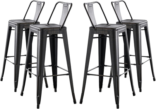 AC Pacific 30” Metal Barstool Set of 4 – Country Rustic Style with Low Back, Lightweight & Sturdy Build, Easy Assembly – Distressed Black