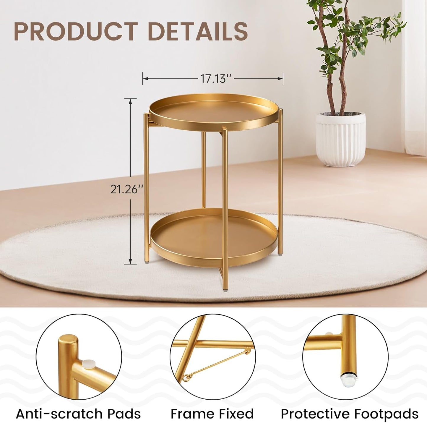 danpinera 2-Tier End Table, Outdoor Side Table Metal Round Side Table with Removable Tray, Small Folding Accent Table, Anti-Rust Nightstand for Bedroom Balcony Patio Living Room (Gold)