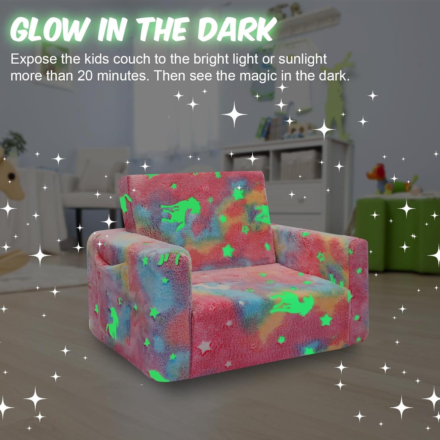 SLIGUY Kids Couch, Toddler Chair, Fold Out Kids Sofa Chair, Convertible Sofa to Lounger Pull Out Couch, Glow in Dark Sofa Chair Birthday Gifts for Boys and Girls (Pink)