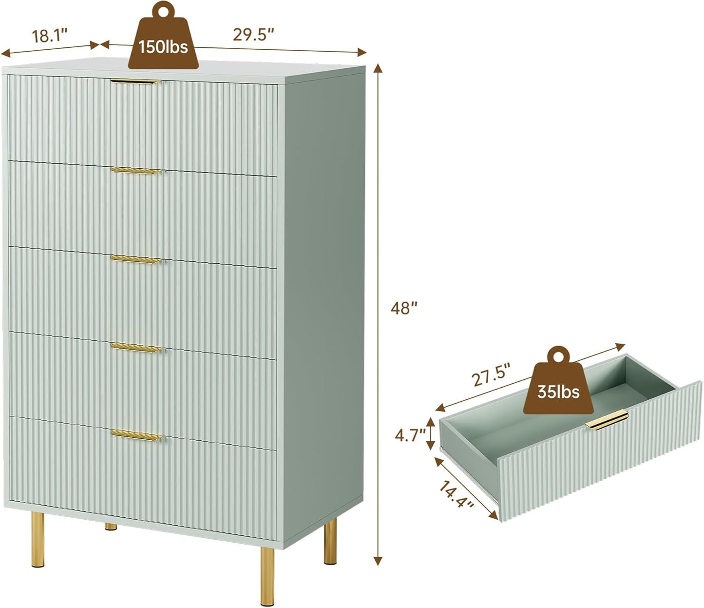 Green Dresser, Modern 5 Drawer Dresser for Bedroom with Gold Handle and Large Drawer, Wood Double Chest of Drawers and Storage Organizer for Living Room, Hallway, Entryway