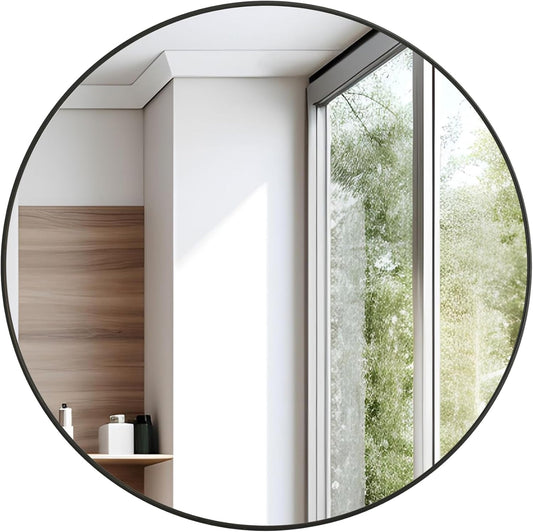Black Round Mirror,Bathroom 24 Inch Vanity Wall Mirror,Modern Circle Mirror for Wall,Wood Mirror for Bedroom Living Room Entryway