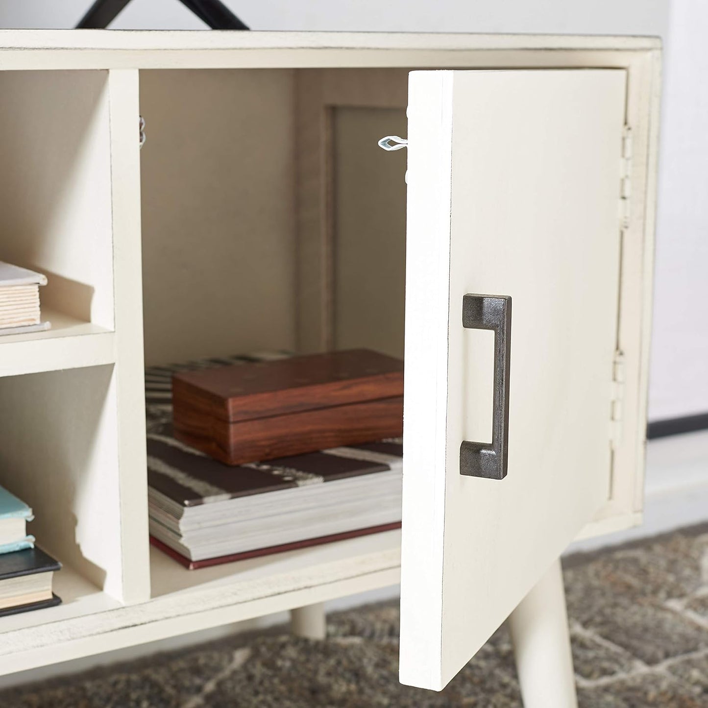 SAFAVIEH Sorrel TV Stand for up to 55" Flatscreen – Distressed White, 2 Doors with Interior Storage, 2 Open Shelves, Entertainment Media Console (MED5701A)