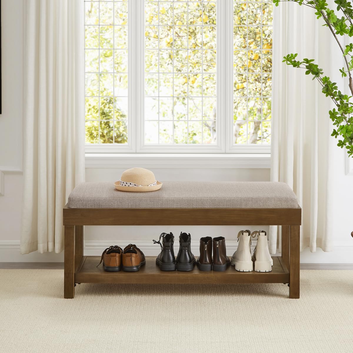 24KF Large Rectangular Storage Bench,Upholstered Seat Cushion,Ottoman Coffee Table with Linen Removable Cushion for Living Room,Entryway Bench Bed Bench with Solid Wood Shelf,5069-Linen