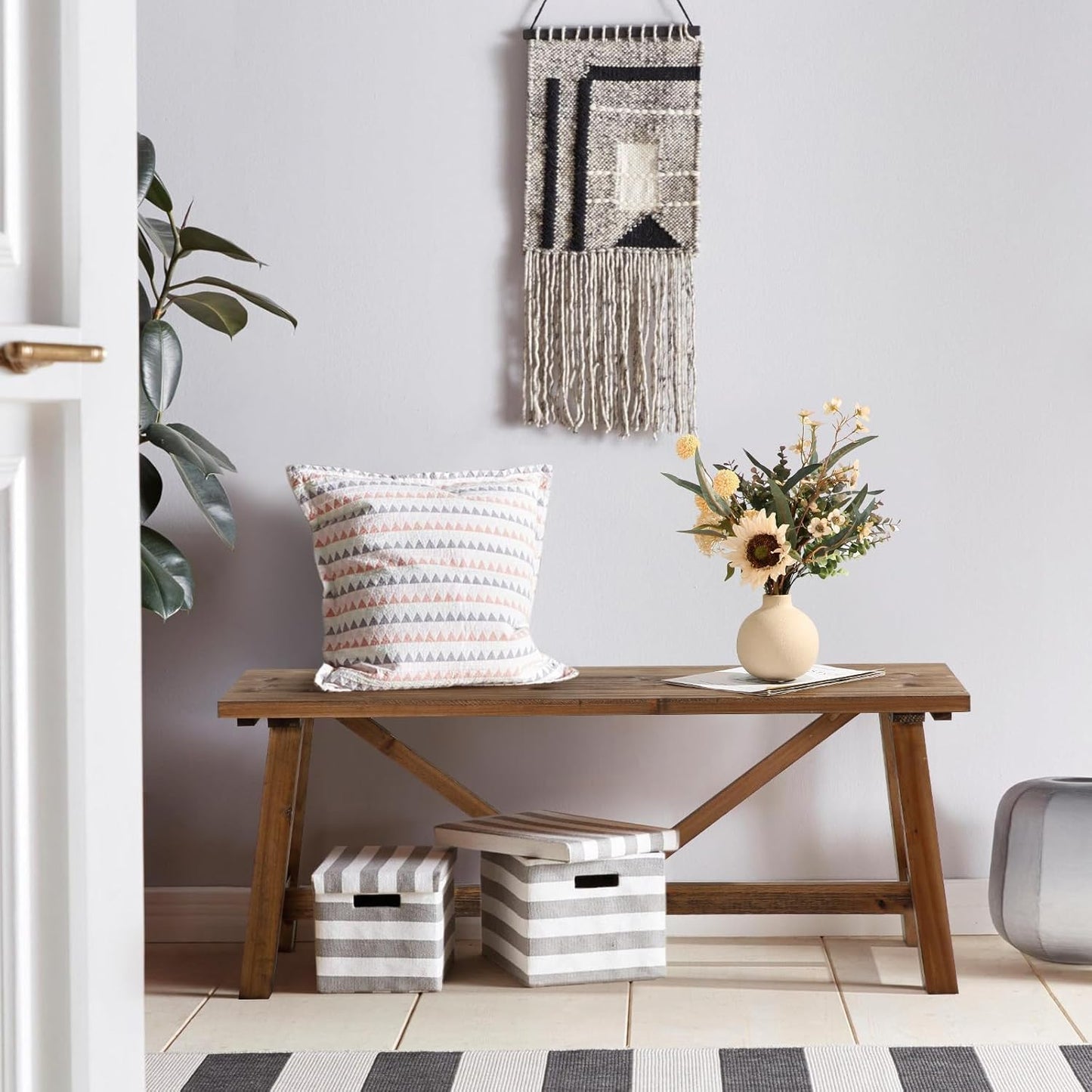 Wnutrees 43" Farmhouse Wood Bench, Narrow Bench, Long Bench Seat for Entryway, Living Room, Dining Room, Solid Wood, Natural