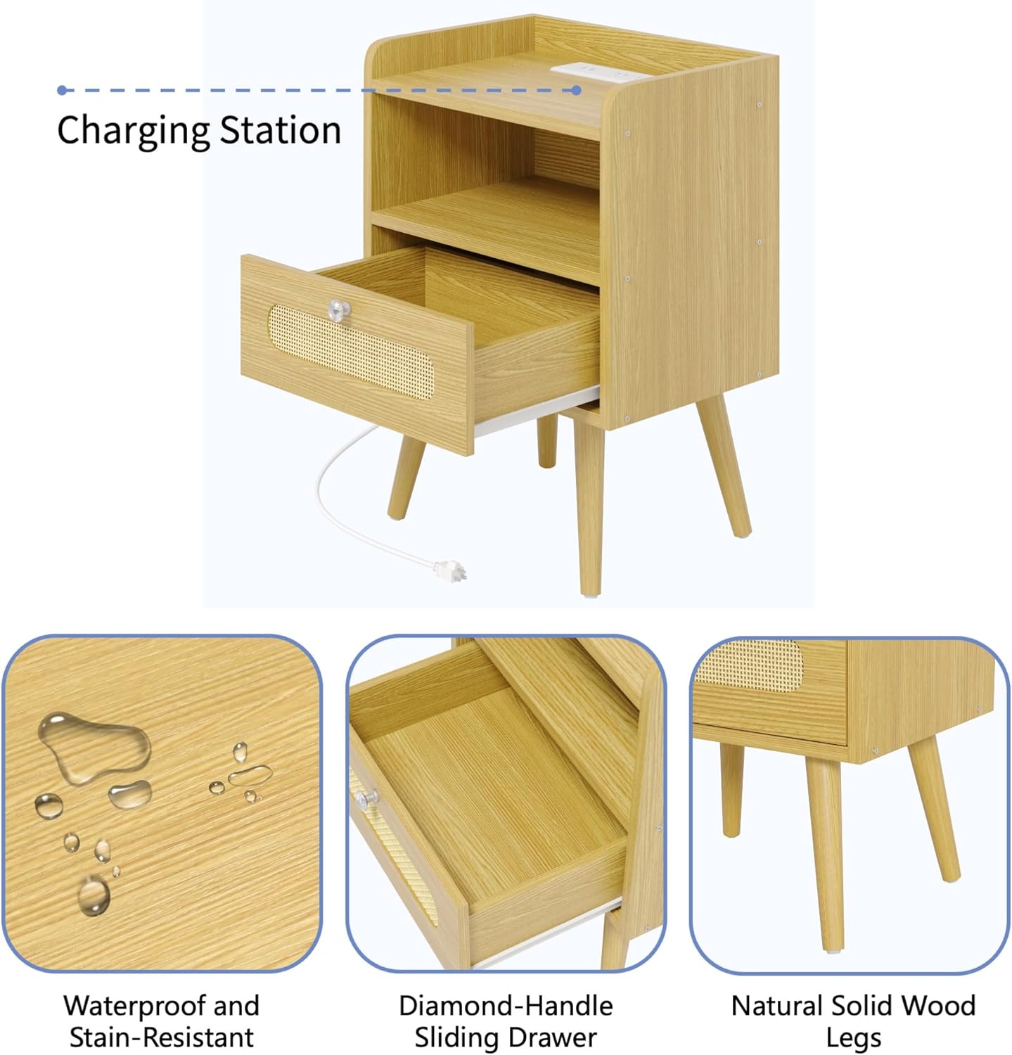 End Table Set of 2 with Charging Station, Diamond Décor Nightstands Set of 2, Bedside Table Set of 2 with Solid Wood Legs, Light Oak