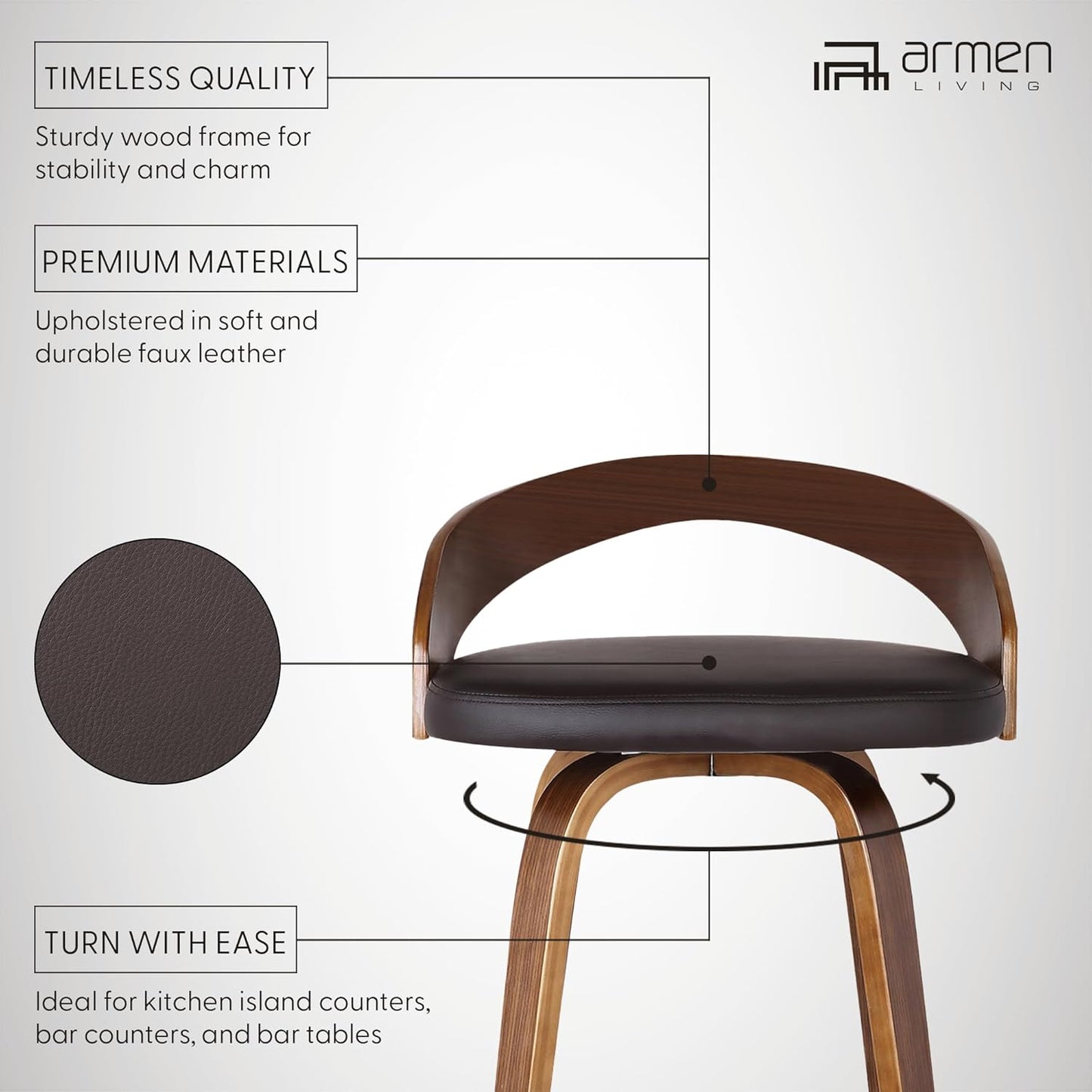 Armen Living Sonia 26" Seat Height Mid Century Modern Swivel Bar Stool for Kitchen Island Counter in Brown Faux Leather and Walnut Wood