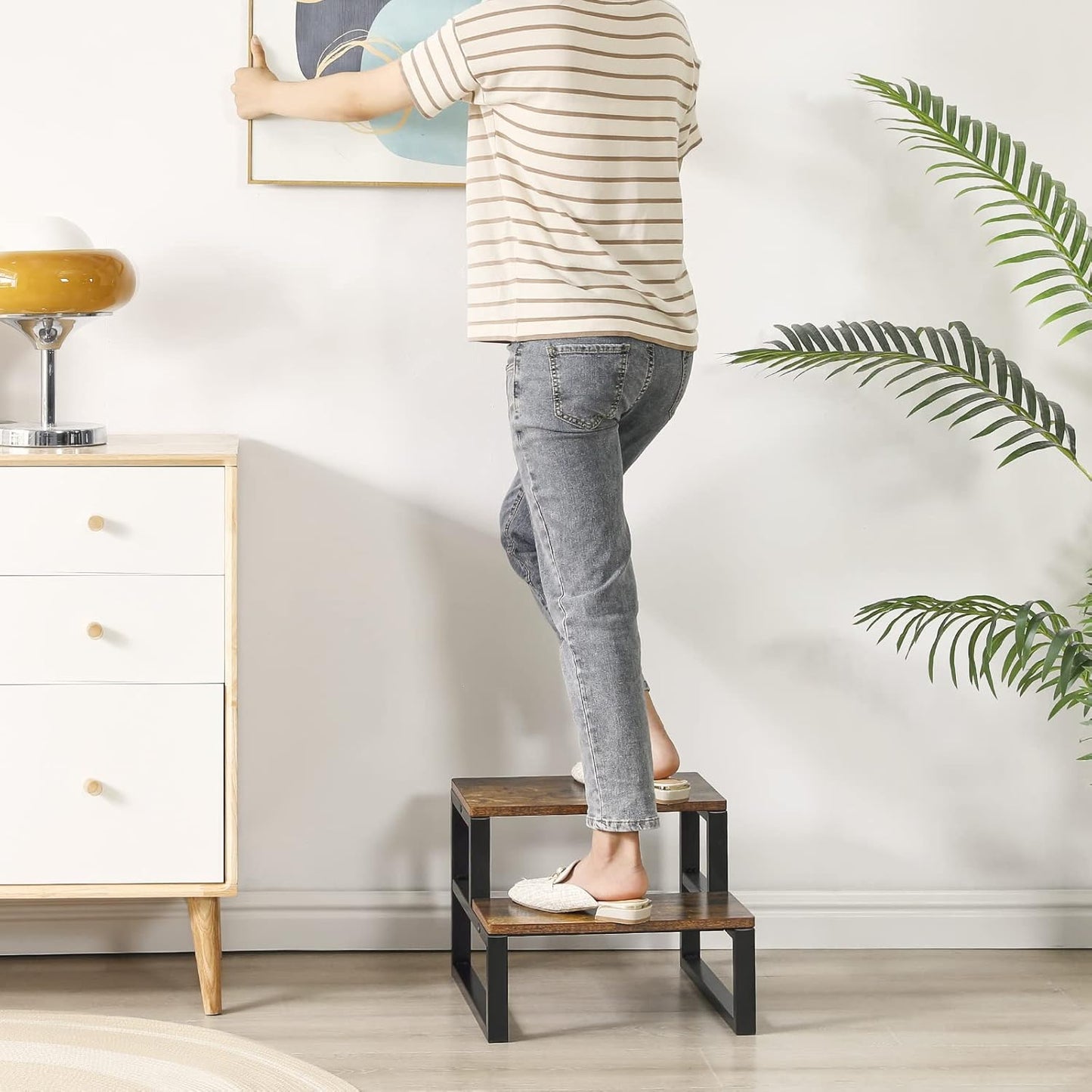 IBUYKE 2-Step Wooden Step Stools for Adults Kids, Heavy Duty Bedside Step Stool with 500 Lbs Capacity, Non-Slip Stepping Foot Stool for Bedroom Livingroom Bathroom Kitchen, Rustic Brown TBD002H