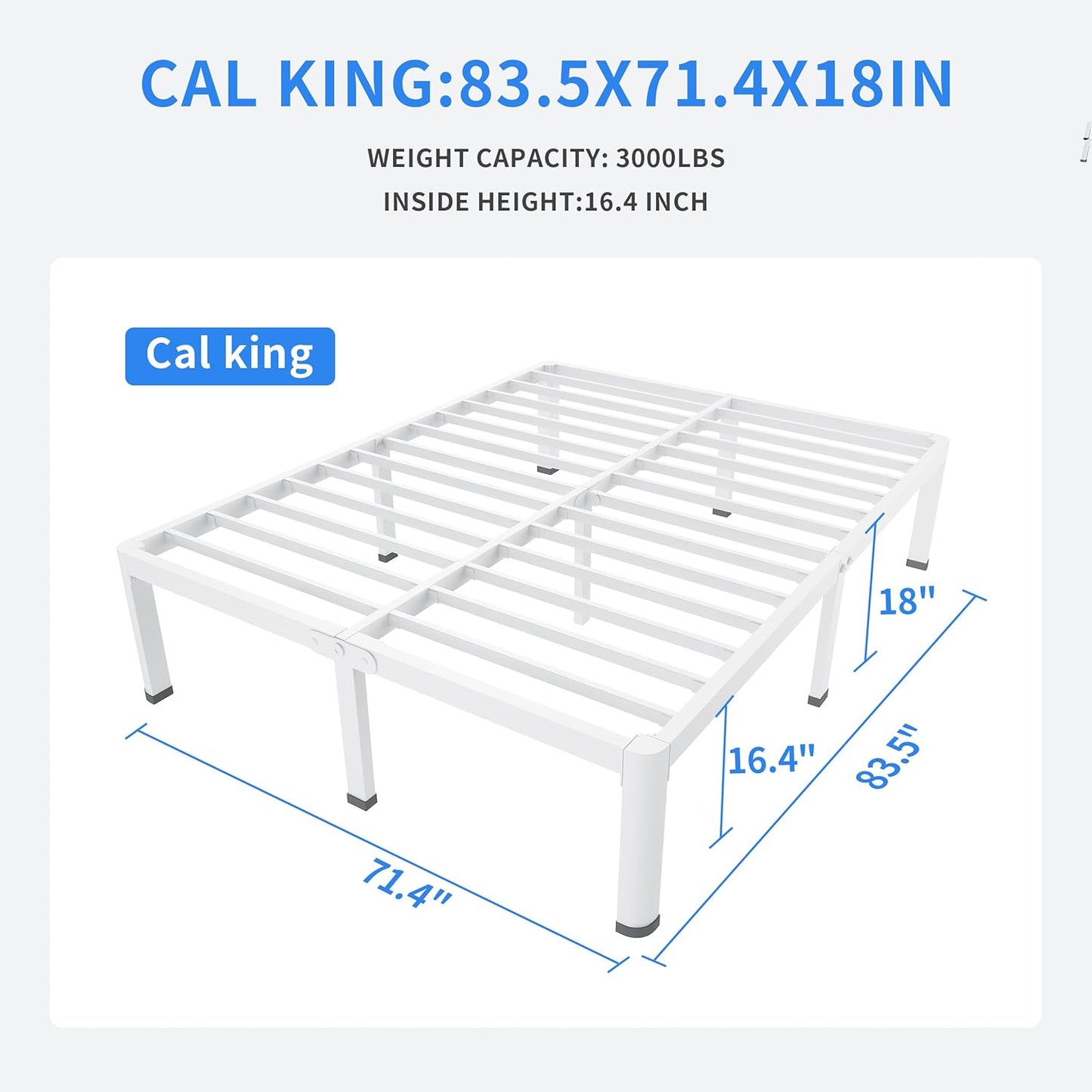 MAF 18 Inch California King Bed Frame White with Round Corner Legs Mattress Slide Stopper No Box Spring Needed Heavy Duty Metal Platform Bed Frames, 3000 LBS Steel Slats Support