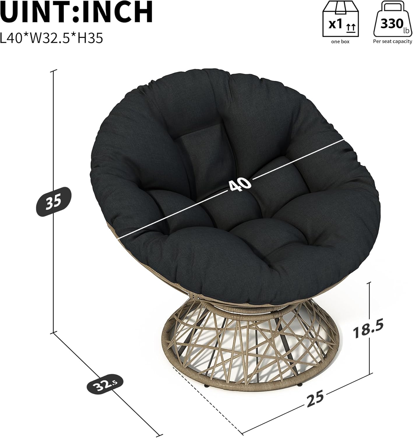 Ball & Cast Ergonomic Wicker Chair with Cloud Thick Density Fabric Cushion,Accent Chair W/ 360 Degree Swivel,Sturdy Metal Frame,Height Adjustable,for Reading,Living Room Bedroom,Lounge,Brown+Black