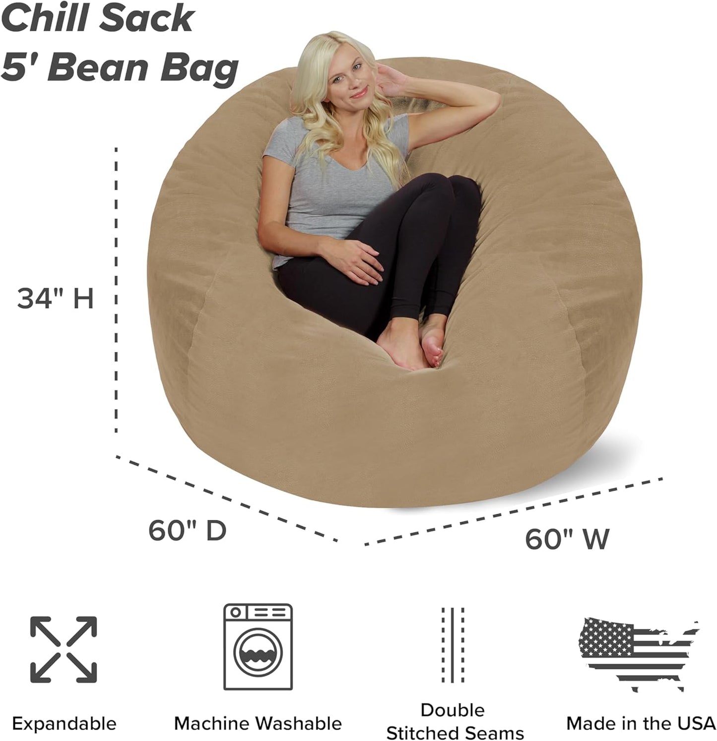 Chill Sack Bean Bag Chair - 5' Giant Memory Foam Lounge Chair with Soft Microfiber Cover – Cozy Furniture for Living Room, Dorm, & Kids' Rooms – Comfortable 5 Ft, Pebble Lounge Sofa, Tan