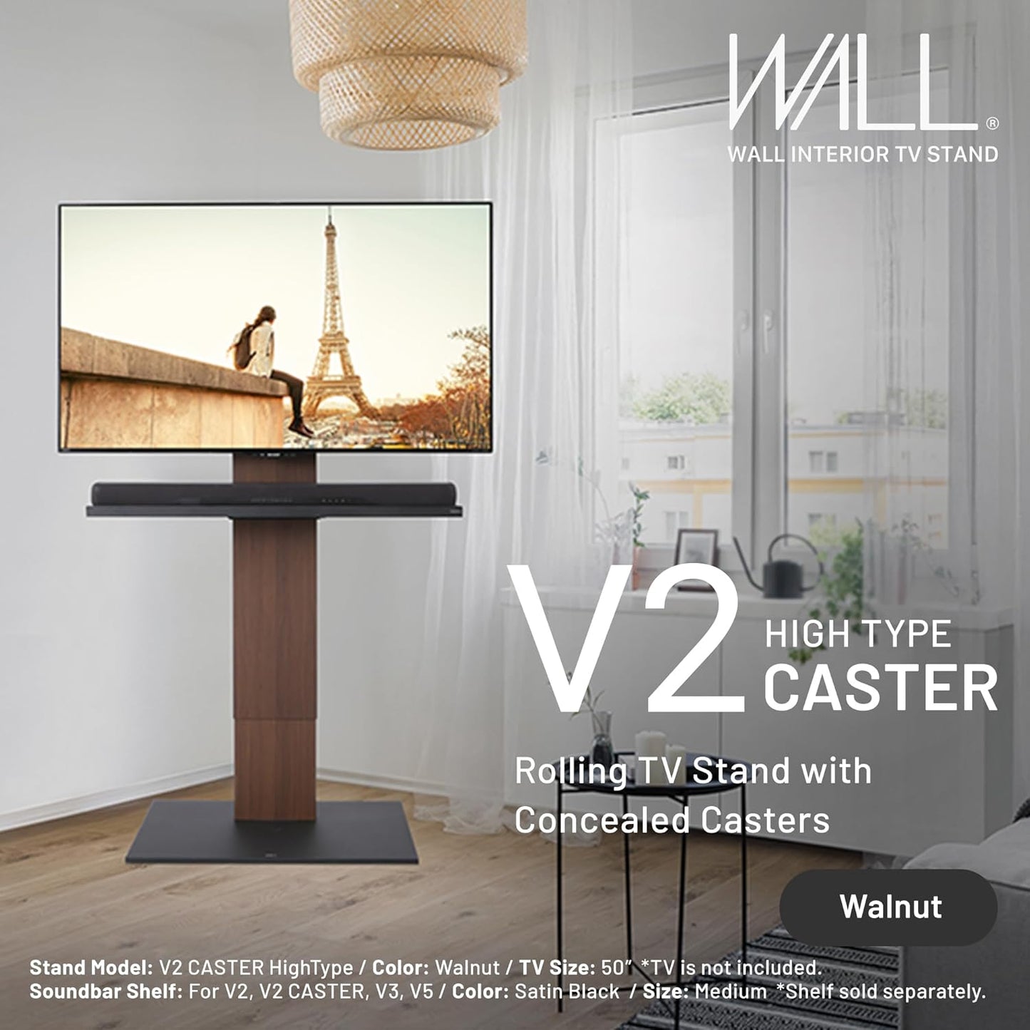 WALL V2 Caster High Type | Minimalist Rolling TV Stand for 32–60 Inch | Walnut | Portable, Space Saving, Height Adjustable, No Drill | for Living Room and Bedroom | Japanese Design & Engineering