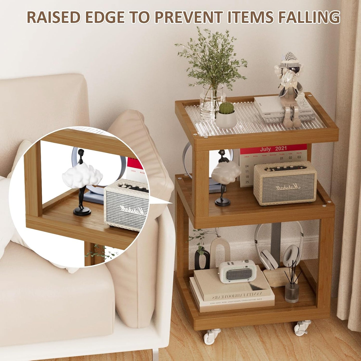 3-Tier Side Table - Walnut Geometric Design with Glass Top & Wheels, Sofa & Bedside Table for Small Spaces, Living Room & Bedroom Modern Minimalist