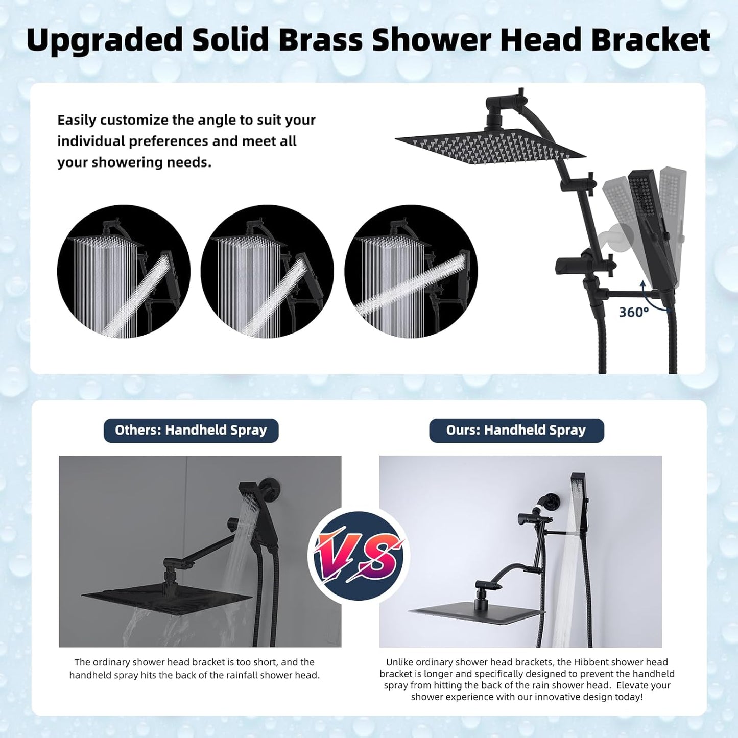 Hibbent All Metal 8'' Rainfall Shower Head, Square Shower Head Combo, High Pressure Handheld Shower Wand, 4 Sprays, 16'' Adjustable Arc-shaped Extension Arm, 71'' Hose, Showerhead Holder, Matte Black