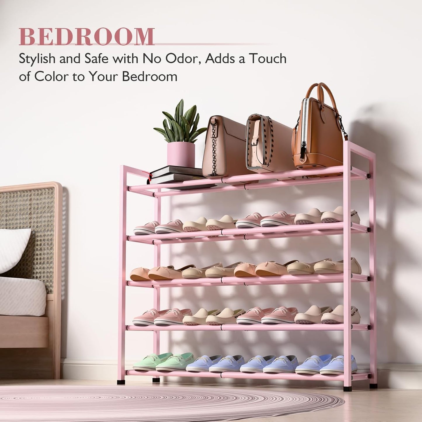 Bumusty 5-Tier Expandable Shoe Rack for Closet, 18“-33” Adjustable Shoe Rack for Small Space, Small Shoe Organizer for Front Door, Sturdy Metal (Pink)