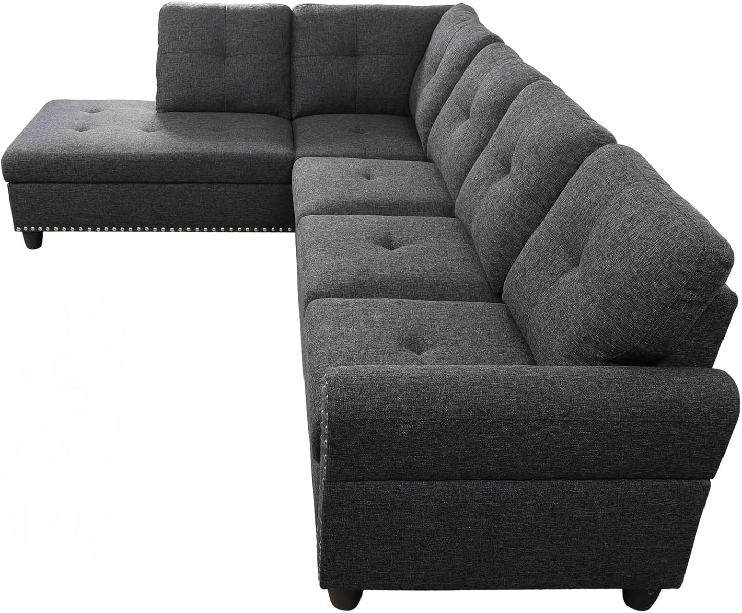 Ball & Cast 98" L Shaped Sectional Couch for Living Room,4 Seat Linen Upholstered Modular Sectional Sofa Set 2 PCS with Chaise,Coffee Table,Cup Holders & Nailhead Trim Design for Home,Office,Charcoal