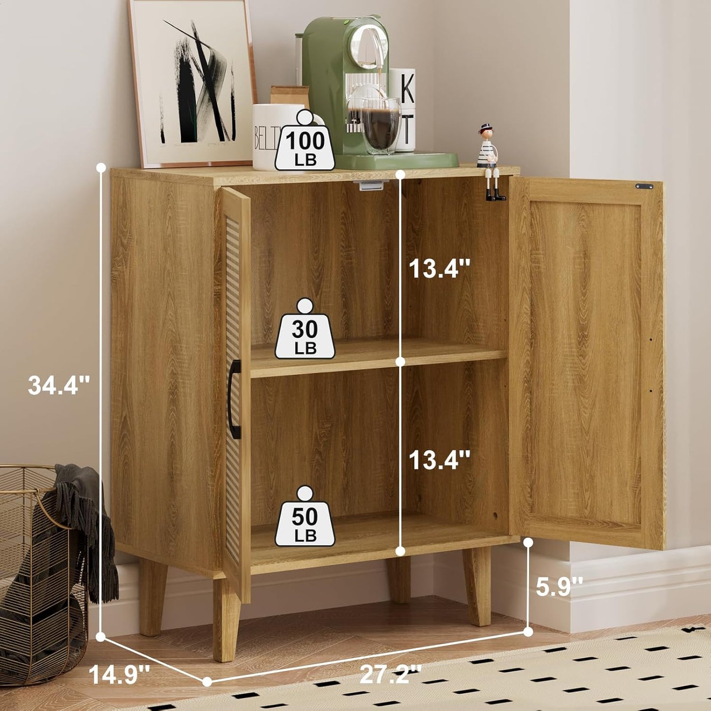 Rattan Decorated Buffet Cabinet - 2 Doors Simple Style Storage Cabinet, Shoe Cabinet with Adjustable Shelves, Sideboard for Kitchen, Living Room, Hallway, Entryway (Natural Wood)