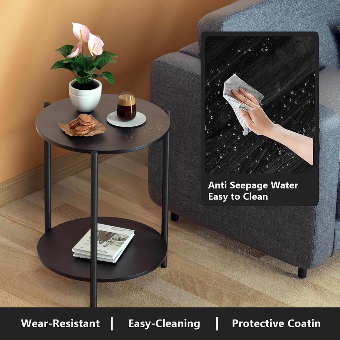 Round Side Table, 2-Tier Circle End Tables with Storage Wood Rustic Small End Tables Farmhouse Side Table for Living Room Bedroom Balcony Small Spaces