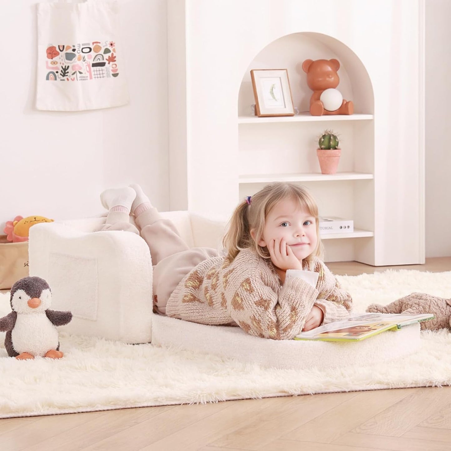 Welnow Kids Sofa, 2-in-1 Soft Sherpa Toddler Chair, Convertible Toddler Couch Lounger, Flip Out Kids Couch Chair with Side Pockets & Removable Cover for Girls and Boys, Beige