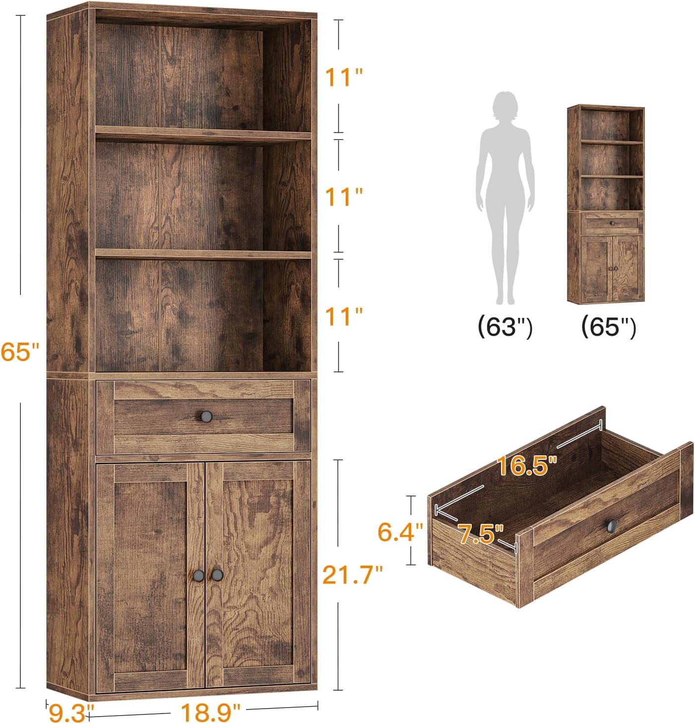 Casaottima Bookshelf and Bookcase with Doors and Drawer, Floor Standing 6-Tier Shelf Display Storage Shelves, Tall Bookcases for Home Office, Living Room, Vintage