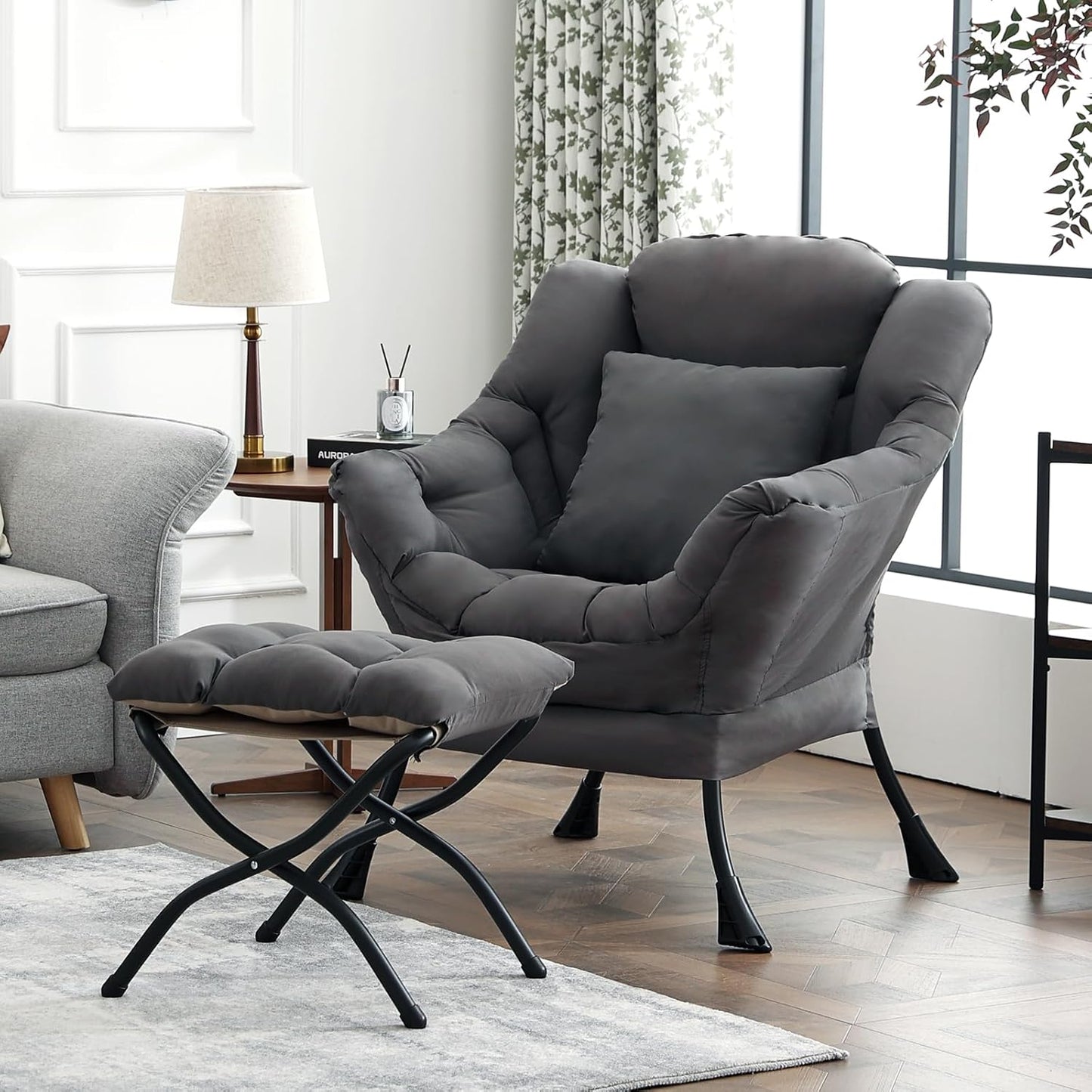 Large Lazy Chair with Ottoman, Accent Reading Chair with a Throw Pillow, Cozy Lounge Chair with Armrest, Leisure Sofa Chair for Living Room, Bedroom, Dorm, Dark Grey