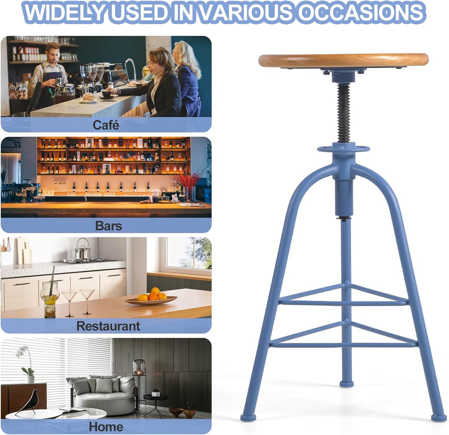 Industrial Bar Stools-Set of 2 24.4-28.3inch Counter Height Kitchen Stool-Modern Dinner Breakfast Chairs-Swivel Round Wooden Seat