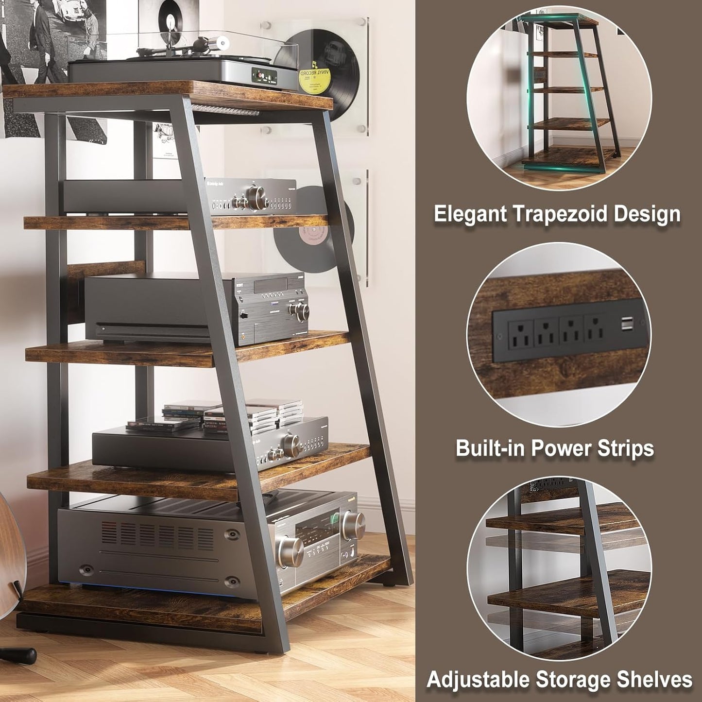Armocity 5-Tier AV Media Stand with Power Strips, Media Console with LED Lights, Audio Tower Rack with Adjustable Shelves, Stereo Stands and Racks, 40.8'', Rustic Brown