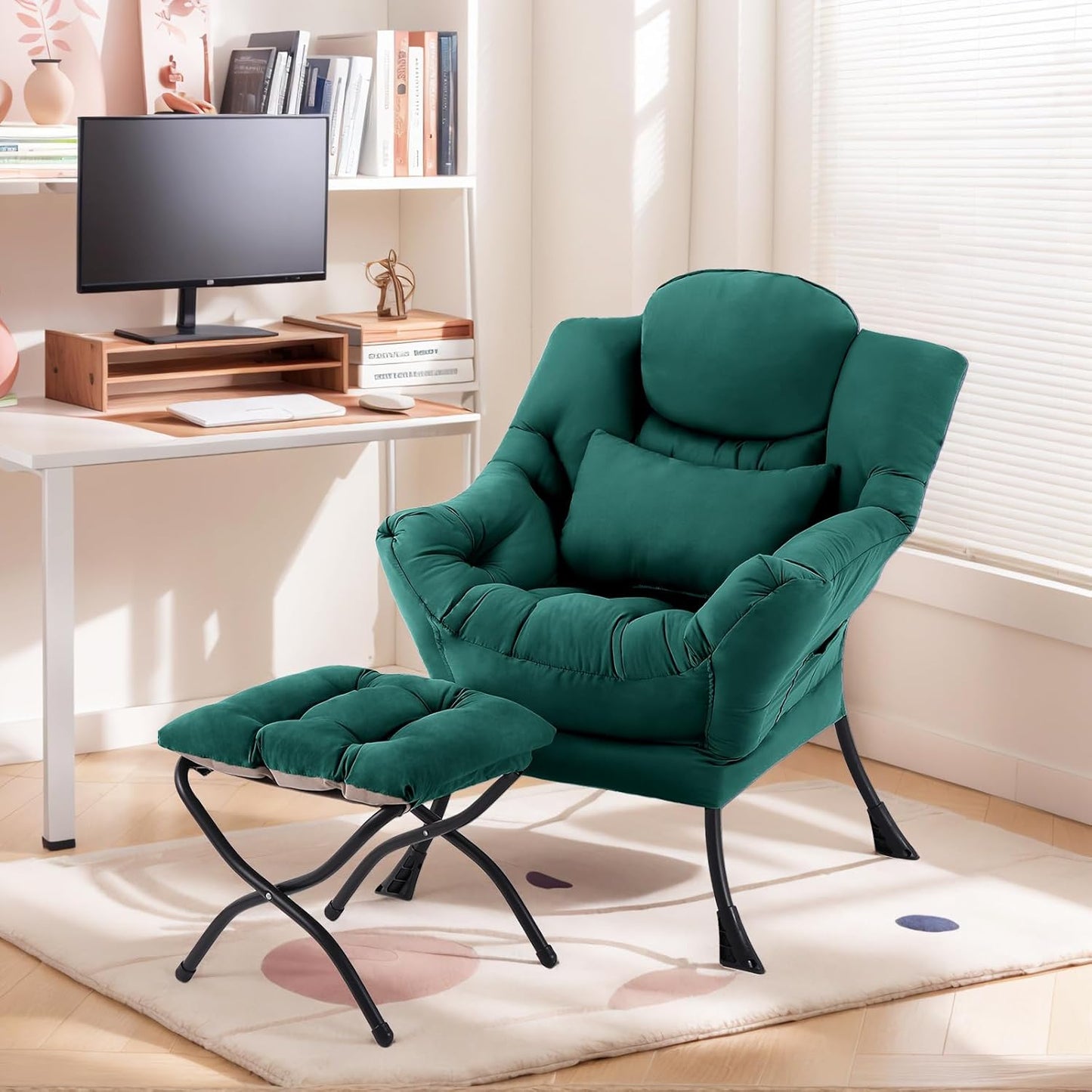 Lazy Chair with Ottoman, Comfy Fabric Accent Lounge Arm Chair with Lumbar Pillow and Folding Footrest, Reading Leisure Sofa Aimchair for Bedroom, Living Room, Dorm,Dark Green