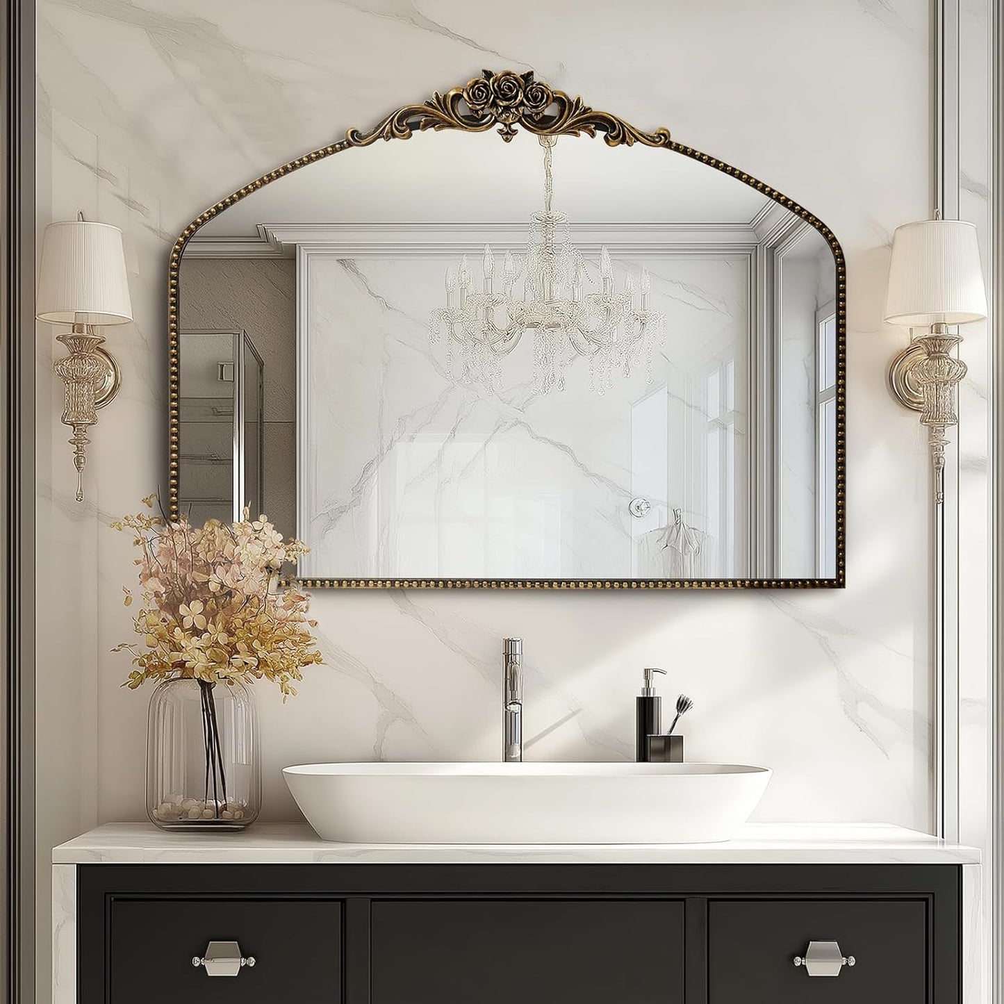 AIXI HOME Black Arched Mirror, 40" x 30" Traditional Vintage Antique Mantel Mirror with Ornate Metal Frame, Baroque Wall Mounted Mirror for Entryway/Fireplace/Hallway/Bathroom/Living Room/Bedroom