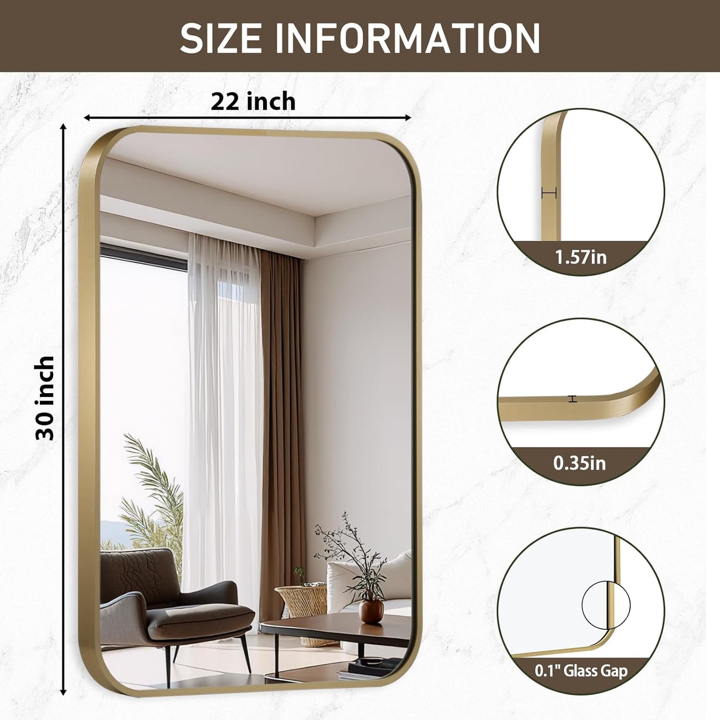Gold Mirror, 22x30 Inch Gold Rectangle Mirror, Aluminum Alloy Framed Vanity Mirror, Rounded Rectangle Bathroom Mirror for Over Sink, Anti-Rust Wall Mirror (Horizontally or Vertically)