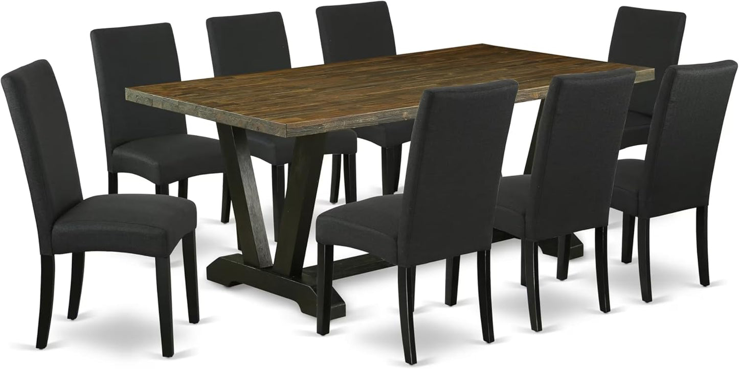 East West Furniture V677DR124-9 9 Piece Dining Set Includes a Rectangle Dining Room Table with V-Legs and 8 Black Color Linen Fabric Upholstered Parson Chairs, 40x72 Inch, Multi-Color