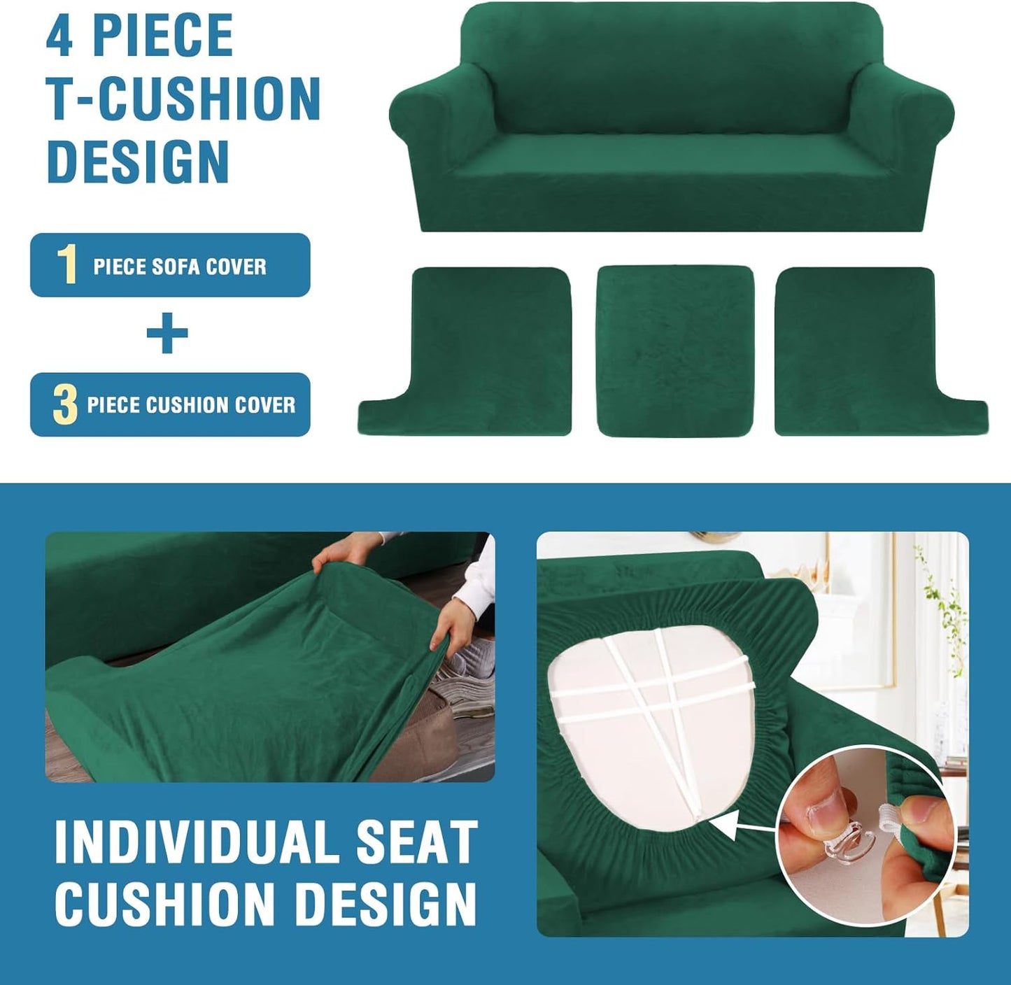 H.VERSAILTEX Sofa Cover 4 Piece T Cushion Sofa Slipcovers Thick Velvet Couch Cover Stretch T Cushion Sofa Covers for 3 Cushion Couch with 3 Individual T Cushion Covers, Vintage Green