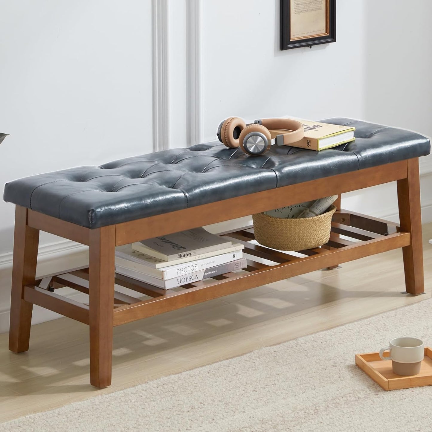 Upholstered Shoe Bench Entryway Bench for Bedroom, End of Bed, Ottoman Bench Tufted Padded Seat with Solid Wood Shelf for Living Room, Faux Leather Ink Blue