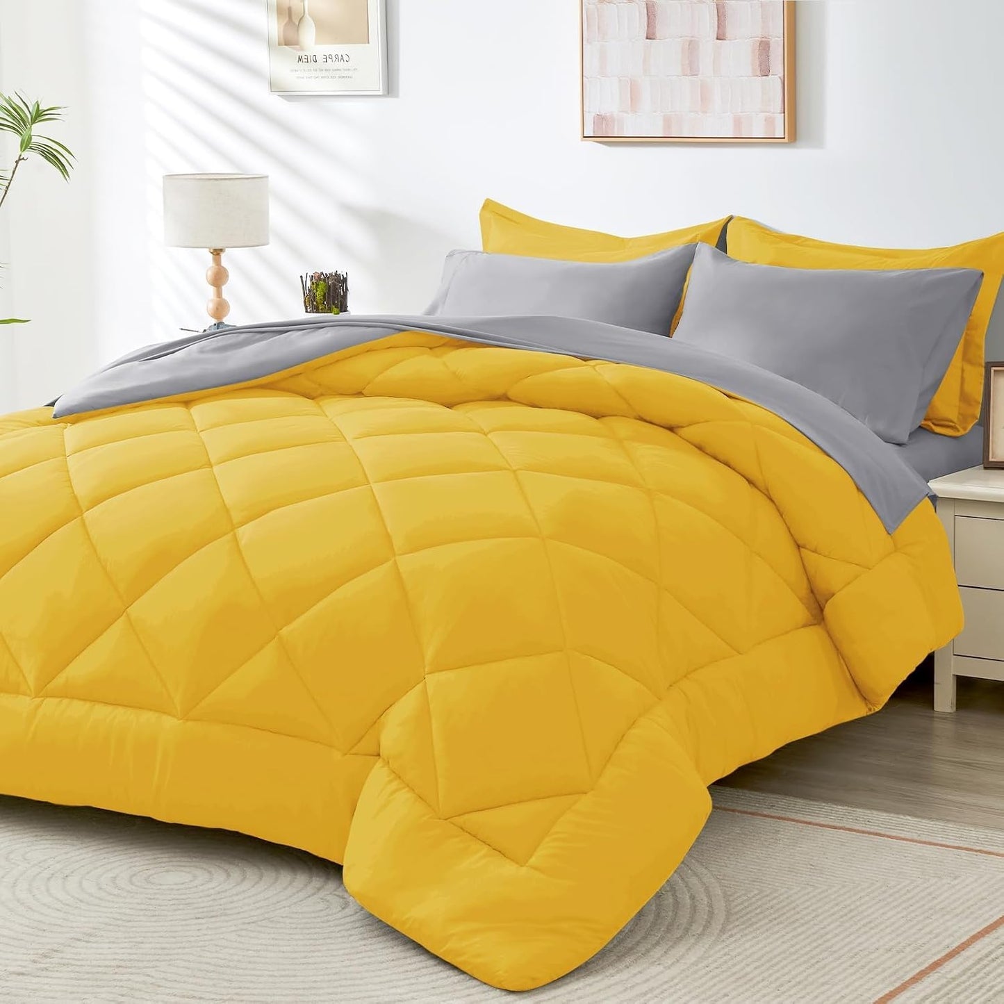 HEVUMYI Twin Comforter Set - 5-Piece All Season Bed in a Bag Twin, Ultra Soft Bedding Set with Comforter, Flat Sheet, Fitted Sheet, Pillowcases, Pillow Shams, Yellow & Light Grey