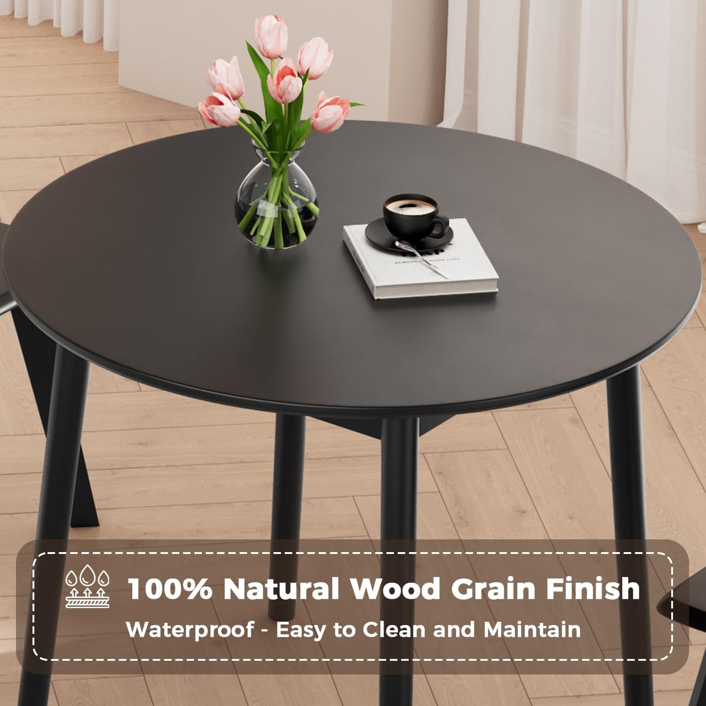 DELAVIN 31.5" Solid Wood Round Dining Table for 4, Mid Century Small Kitchen Table for 2-4, Modern Office Table for Living Room, Dining Room, Dinette, Easy Assembly, Space Saving, Black