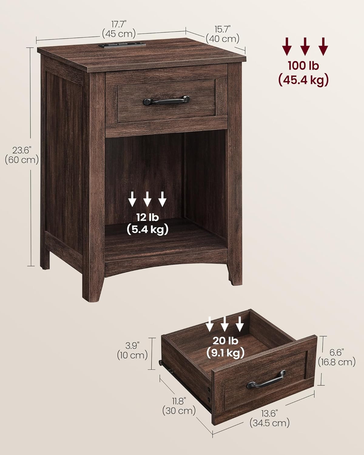 VASAGLE LIRY Collection - Farmhouse Nightstands with Charging Station, Set of 2 Bedside Tables, Side Tables with Drawer, Open Compartment, for Bedroom, Maroon Brown ULET959K51
