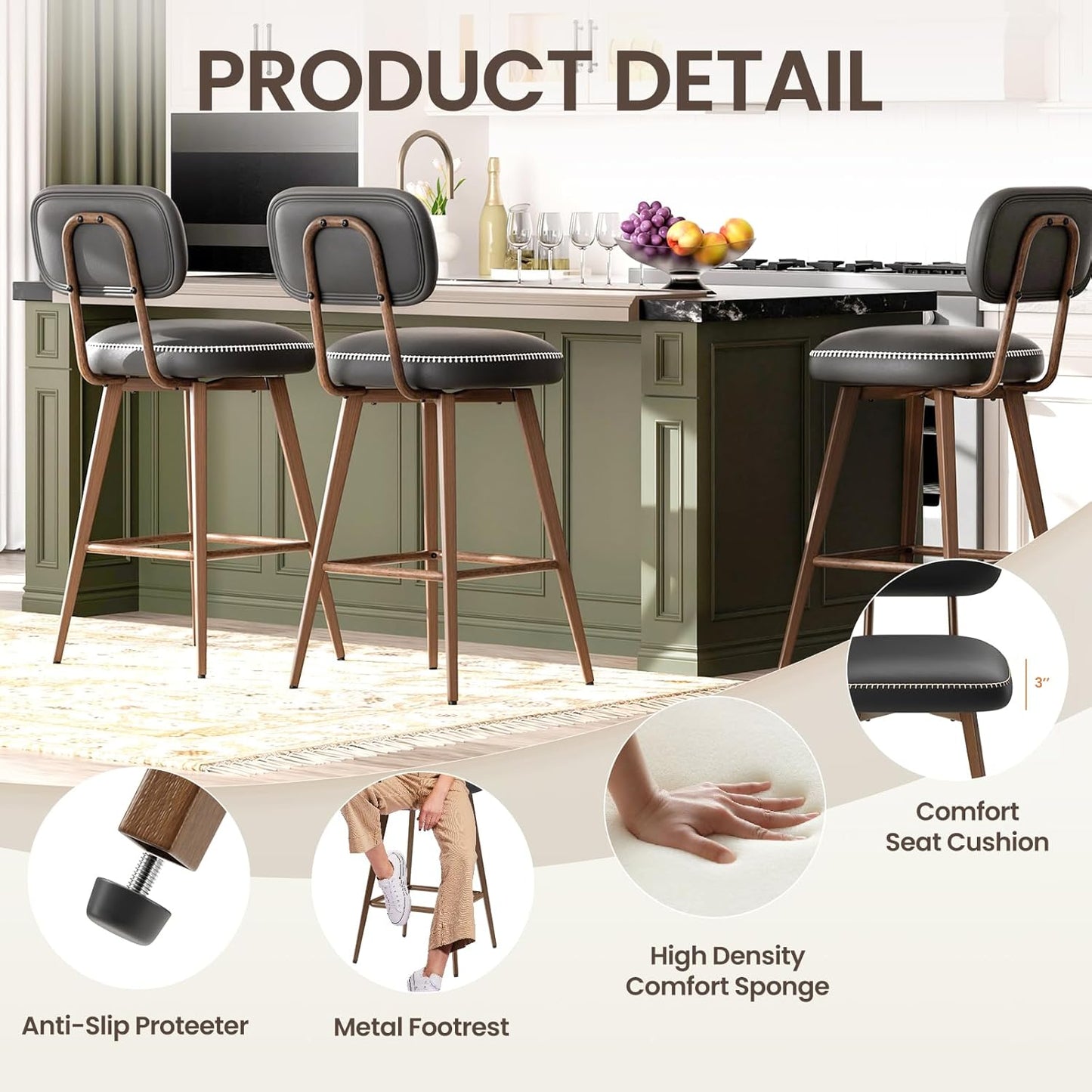 Swivel Bar Stools Set of 6, Mid Century PU Leather Counter Height Bar Chairs with Low Back and Metal Legs, Modern Bar Stool Chair for Kitchen Island, Black
