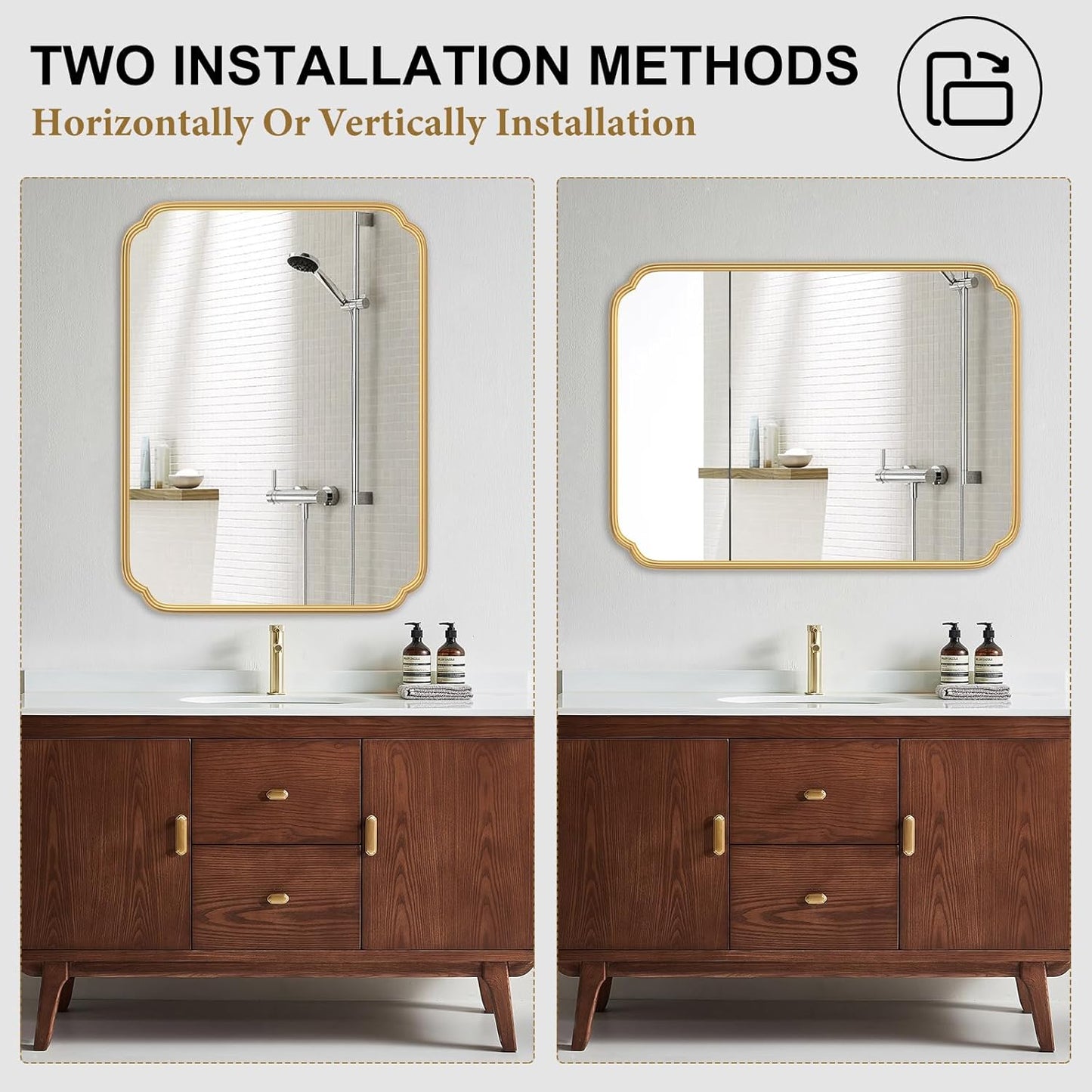 30" x 40"Gold Bathroom Mirror for Over Sink, Modern Rounded Corner Rectangle Wall Mirror for Bathroom Vanity Decorative with Non-Rusting Iron Metal Framed (Horizontal/Vertical)