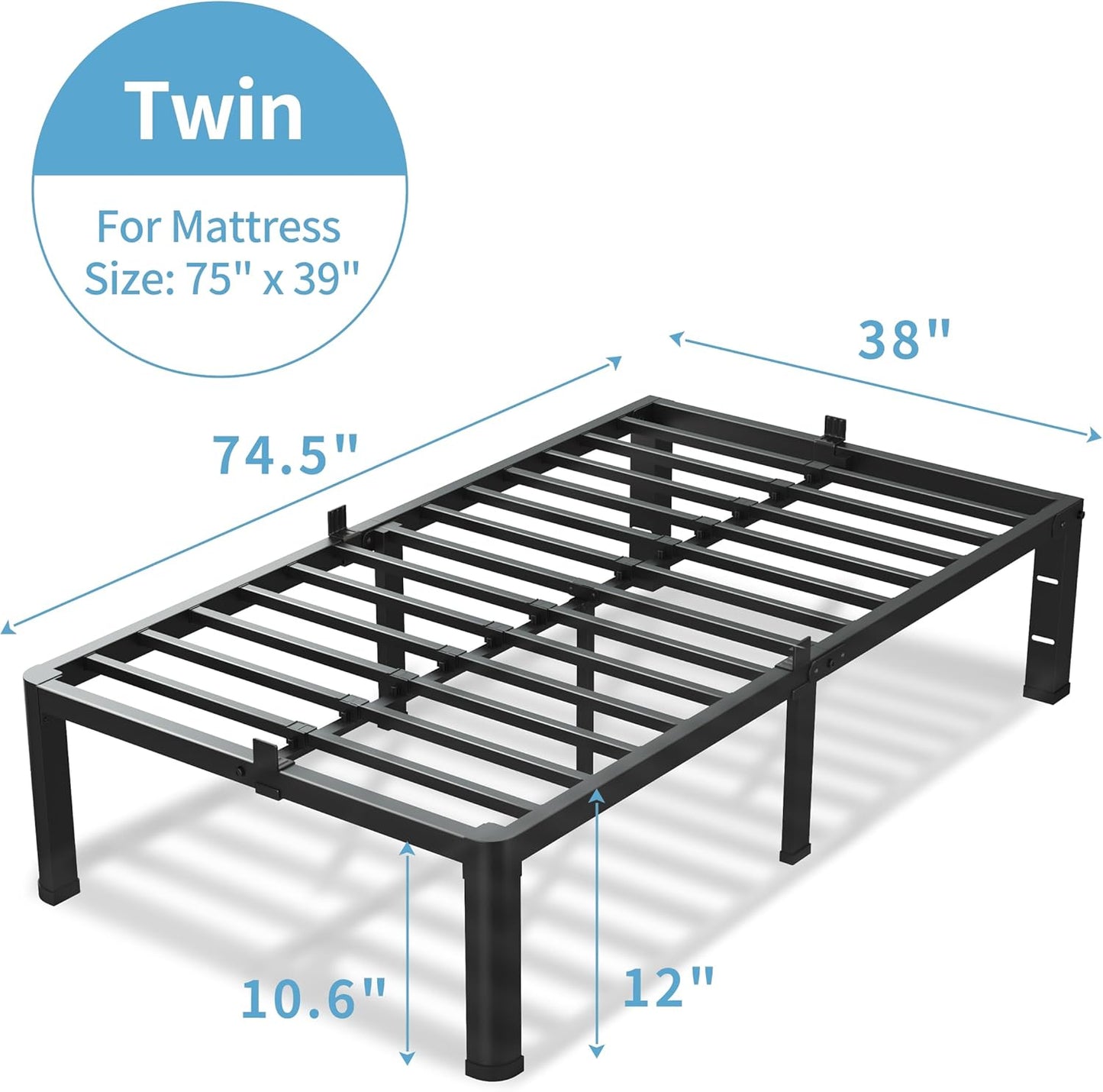 12 Inch Twin Size Bed Frame, 3500Lbs Heavy Duty Metal Platform with Round Corner Legs Mattress Slide Stopper, Steel Slat Support No Box Spring Needed, Noise Free, Non-Slip, Easy Assembly