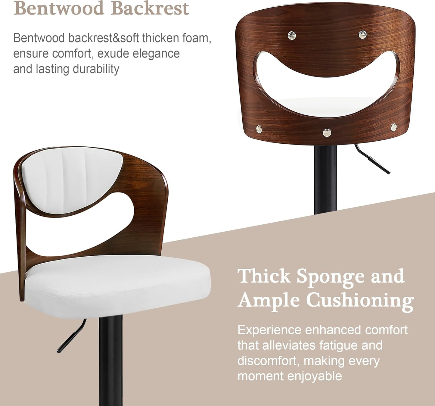 VECELO Bar Stools Set of 2,Kitchen Island Stools with Bentwood Back,Arm&Footrest,Counter Height Stools PU Leather Adjustable Height,Swivel Bar Chairs for Club Pub Dining Room, Ivory White