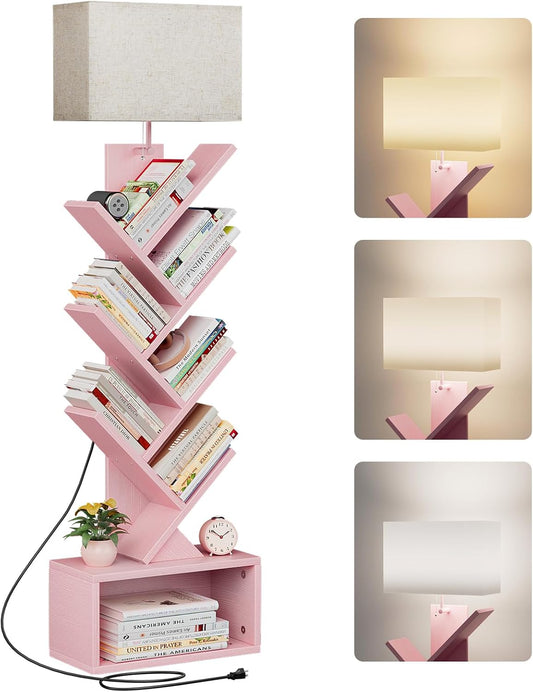 6 Tier Tree Bookshelf with Light, Narrow Bookcase Tower, Tall Floor Standing Book Shelf Organizer with Storage Cabinet for Living Room, Bedroom and Home Office, Pink