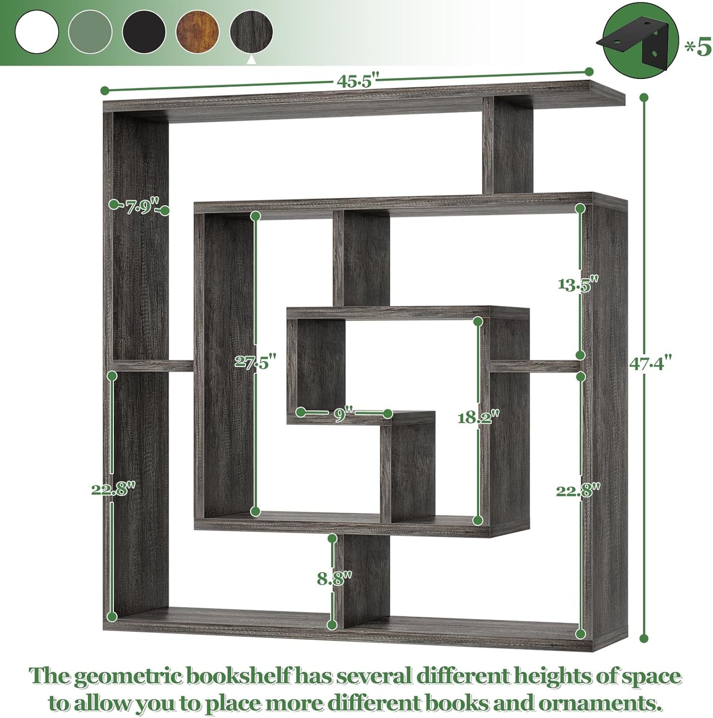 armocity 6 Tier Display Book Shelf Wall Mounted Bookshelf Freestanding Geometric Bookcase Floating Book Shelves for Wall Bedroom Living Room Home Office, 45.5"(W) * 47"(H), Grey Oak