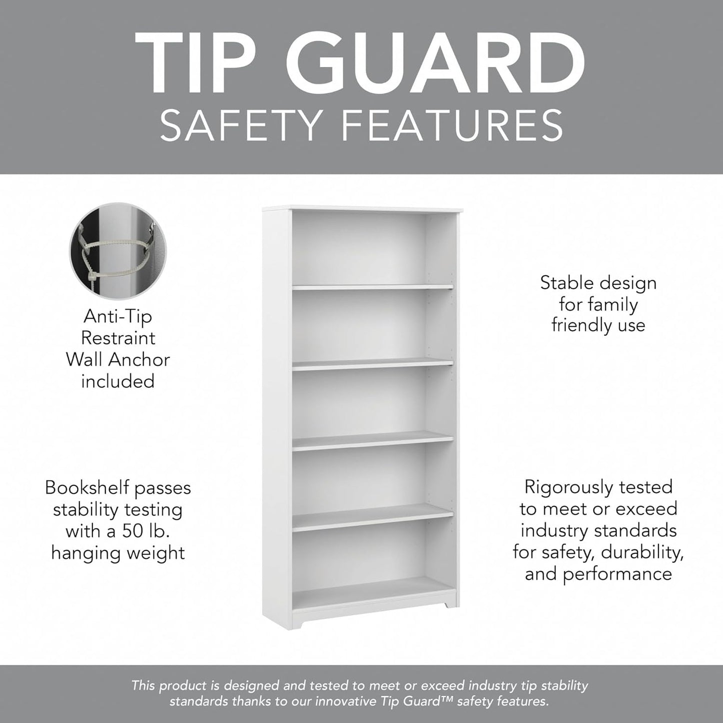 Bush Furniture Tall 5 Shelf Bookcase, Large Open Bookshelf, Sturdy Display Cabinet for Living Room or Home Office, Cabot Collection, White