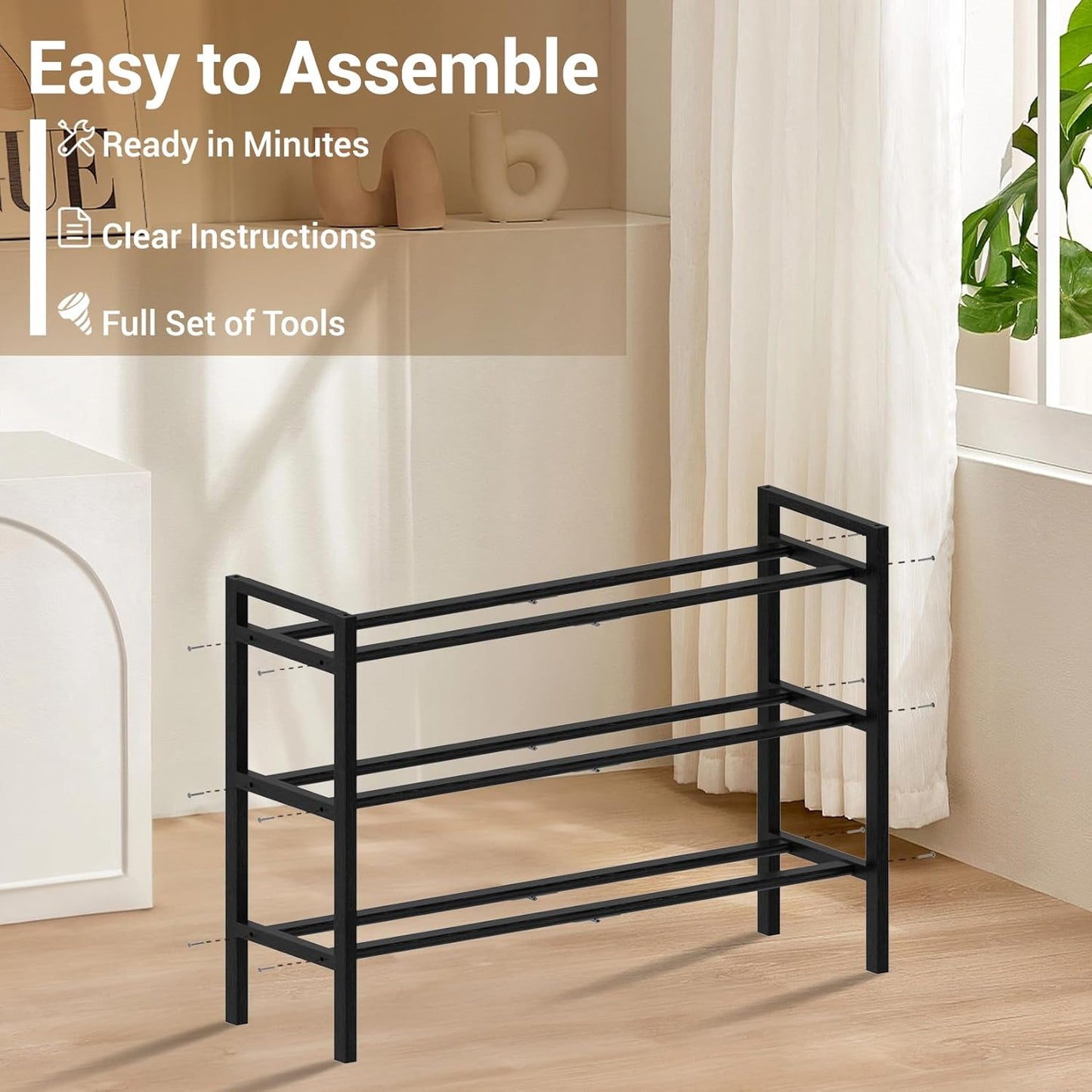 Haddockway Bamboo Shoe Rack for Closet, Free Standing Shoe Organizer with Smooth Round Rods & Convenient Handles, Stackable Shoe Storage Shelf for Entryway, Hallway(Black, 3-Tier)