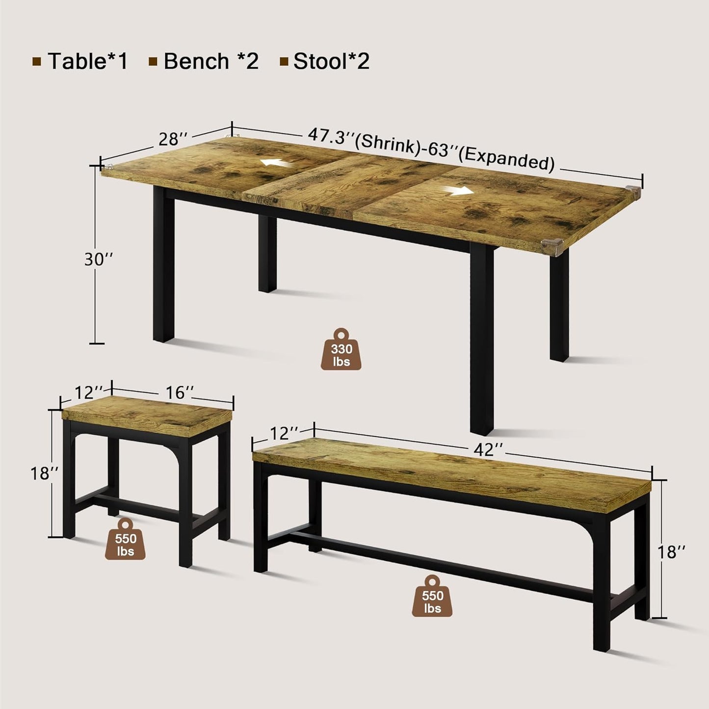 5 Piece Dining Table Set for 4-6, 63" Extendable Kitchen Table Set with 2 Benches & 2 Stools, Farmhouse Dining Room Table for Small Space, Metal & Wood Support, Rustic Brown