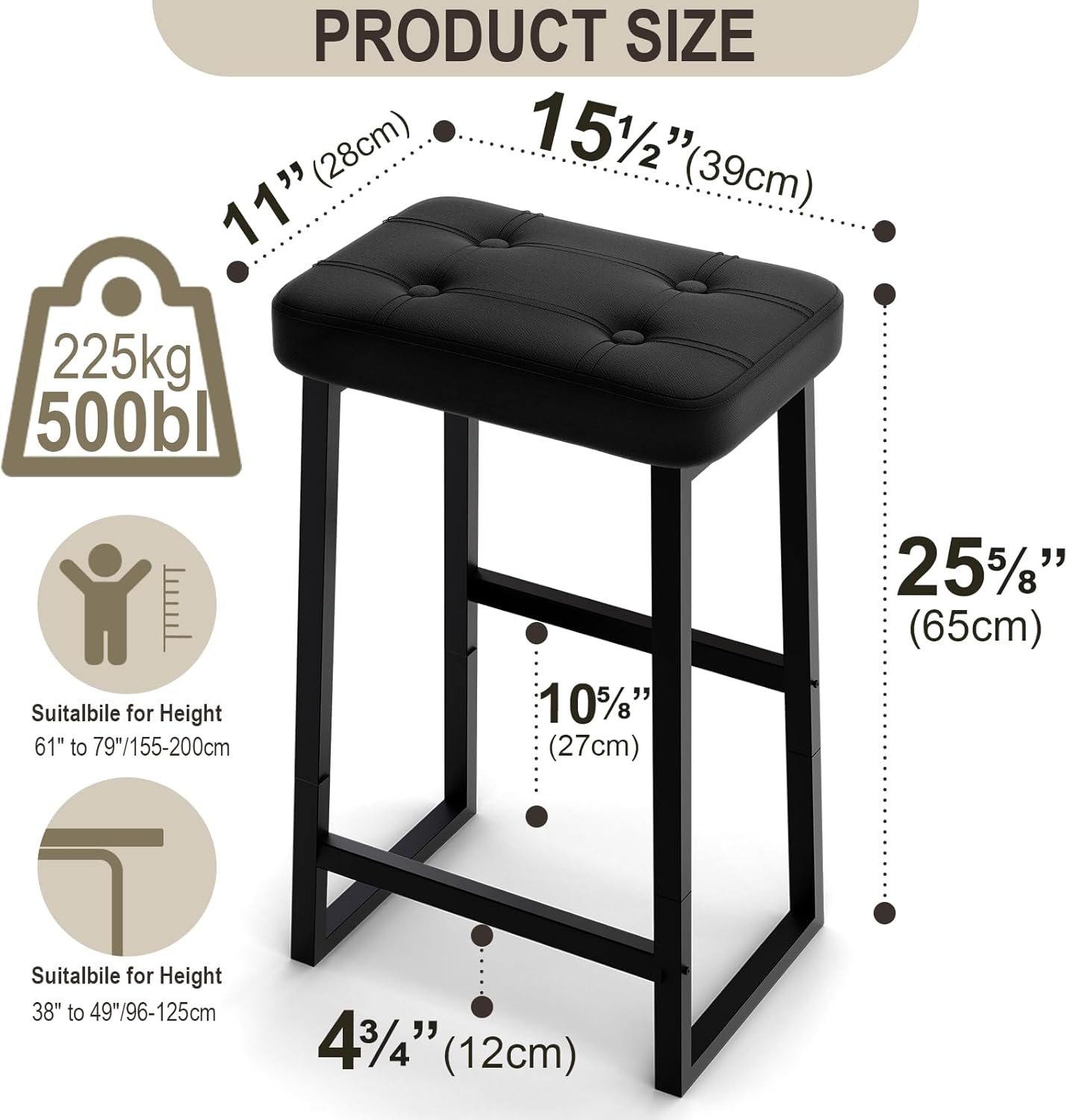 Bar Stool, Kitchen Island Chairs,Counter Height Bar Stools, Modern Synthetic Leather with Stitching, 26 inches high, for Kitchen/Family Restaurant/Dining Room/Farmhouse, Black