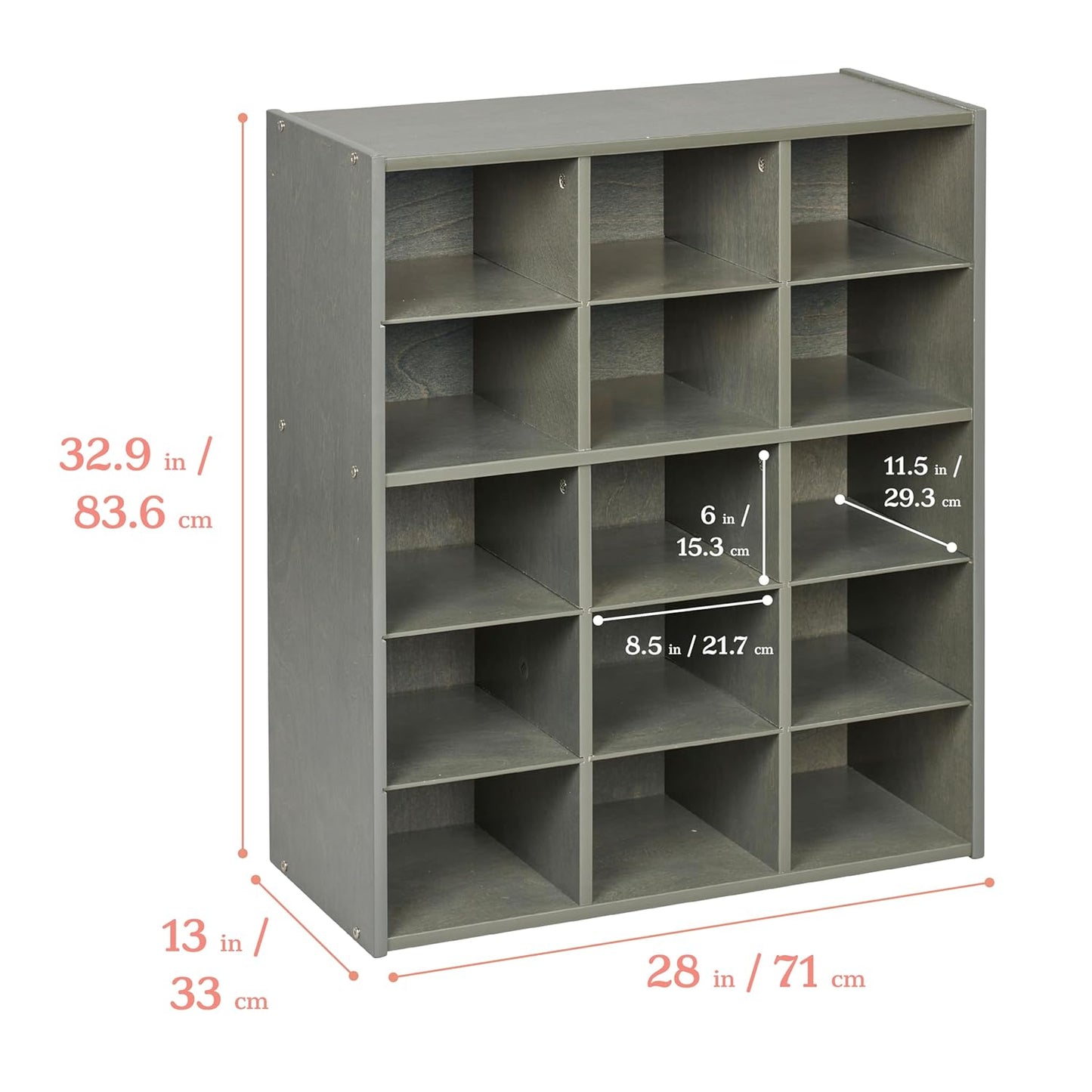 ECR4Kids Streamline 15 Cubby Tray Storage Cabinet, 5x3, Classroom Furniture, Grey Wash